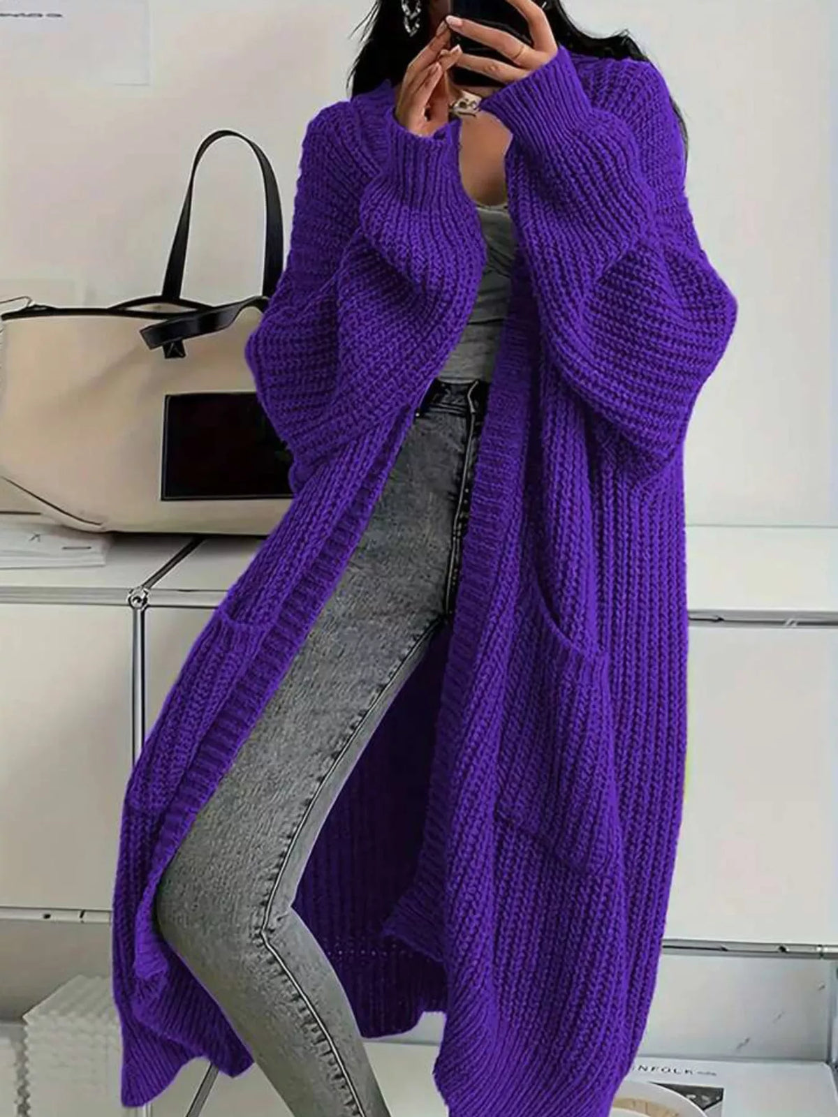 Longline knit cardigan, purple front