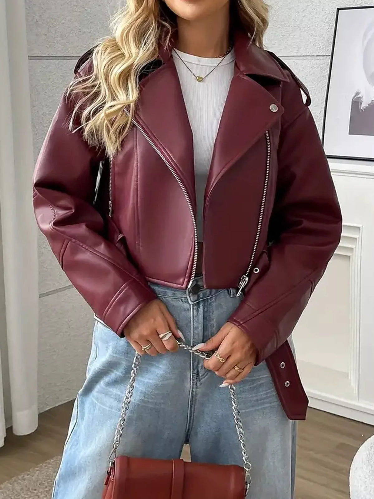 Faux Leather Zip Up Jacket in burgundy, front view