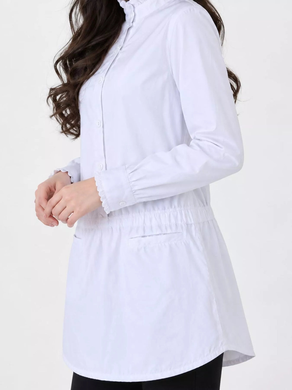 Ruffle-Neck Longline Blouse with Elastic Waist in white