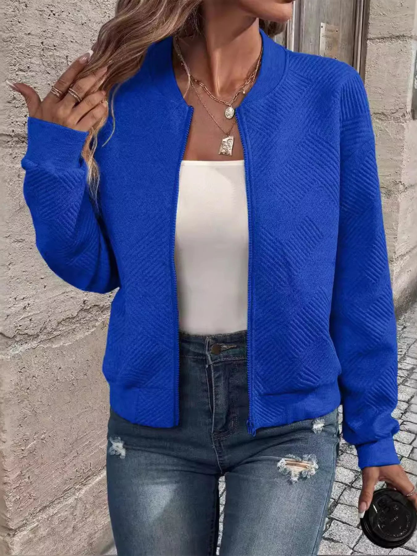 Trendsi Textured Knit Zip-Up Jacket -
