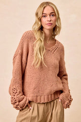 Trendsi BiBi Chunky Knit Sweater with Flower Detail Sleeves -