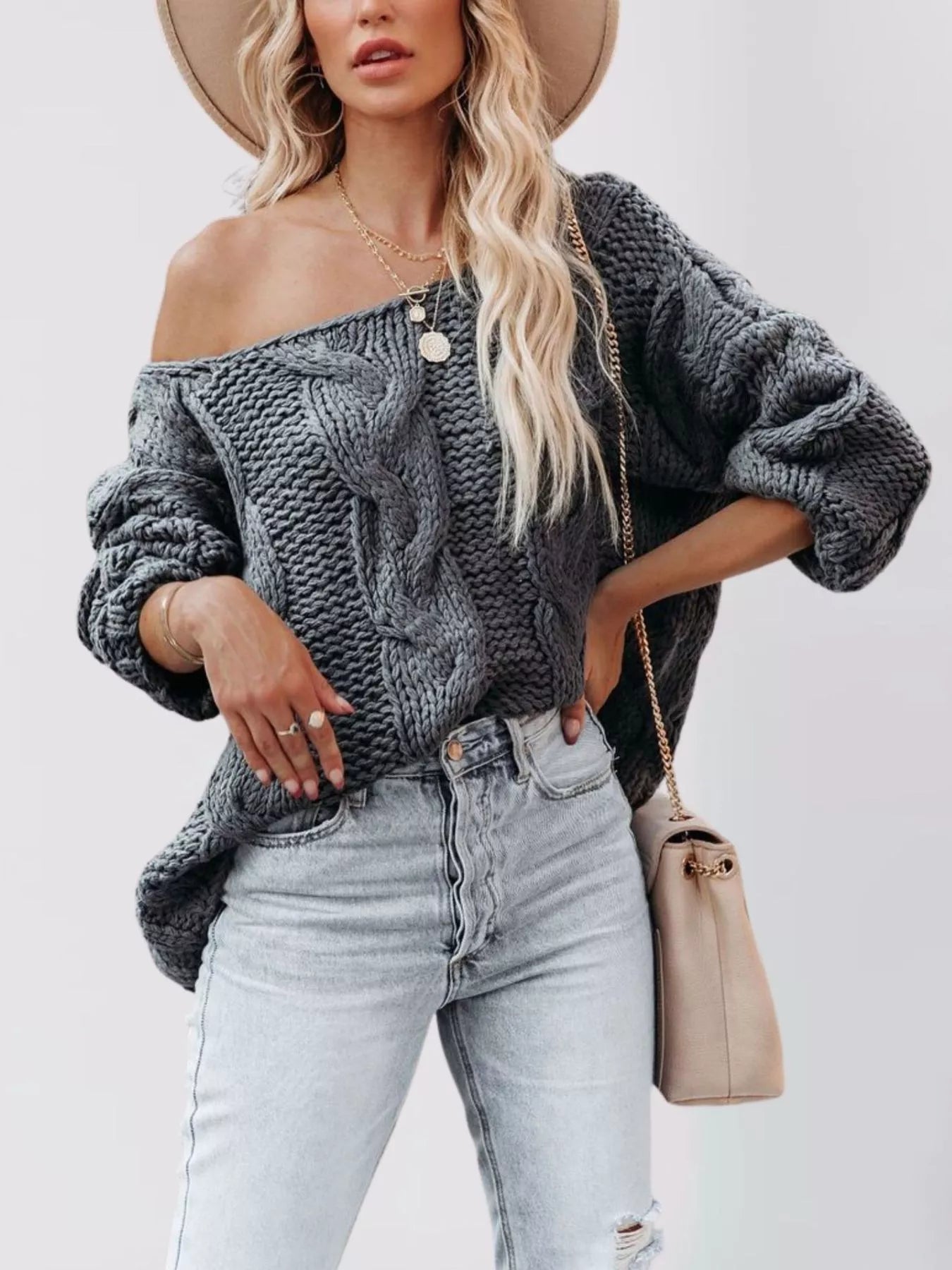 Trendsi Chunky Cable Knit Long Sleeve Sweater -