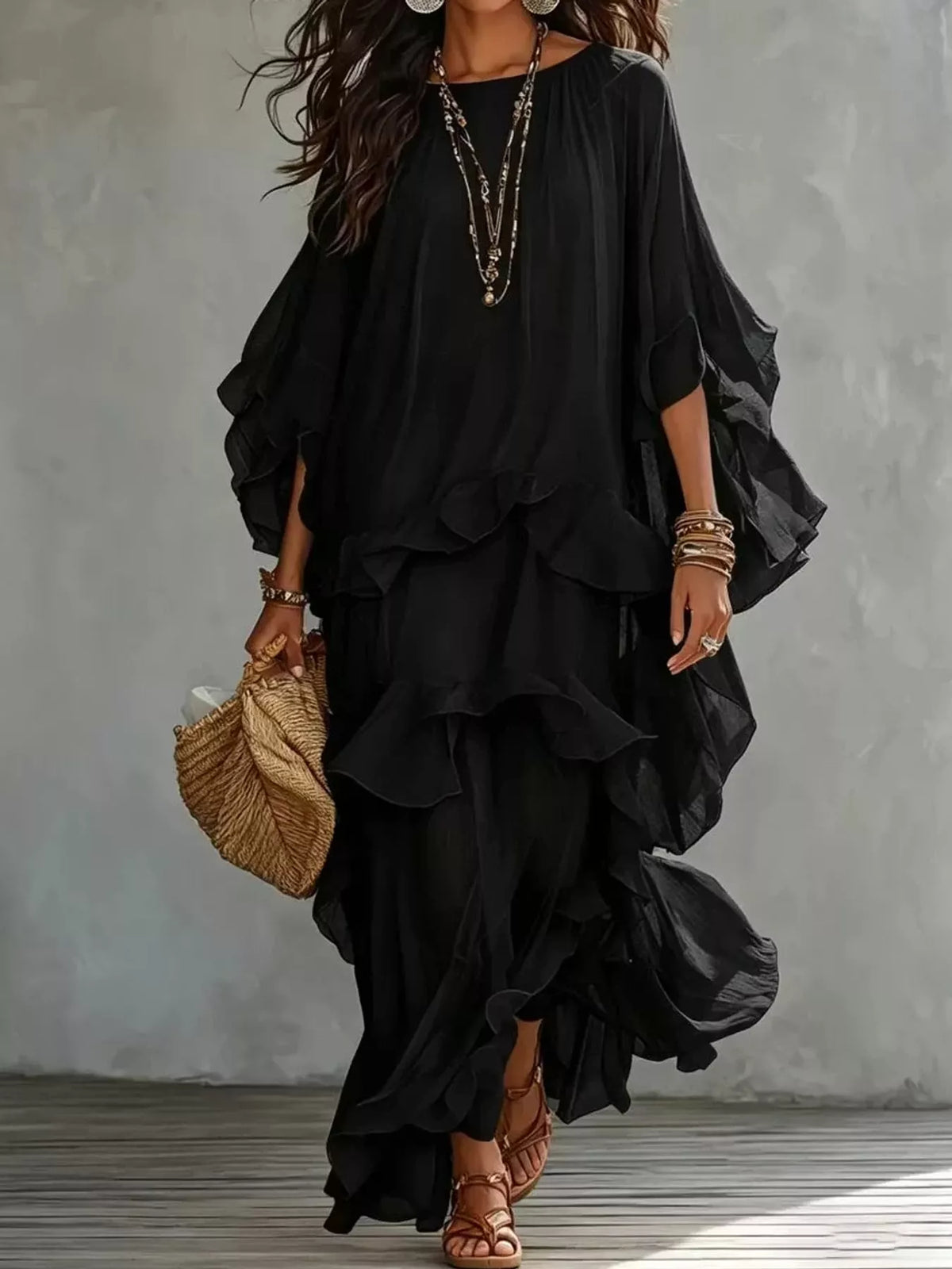 Black ruffled layered bohemian maxi dress, front view