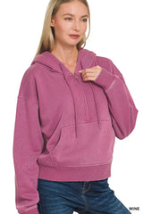 Trendsi Zenana Fleece Pigment Dye Half Zip Kangaroo Pocket Hoodie -