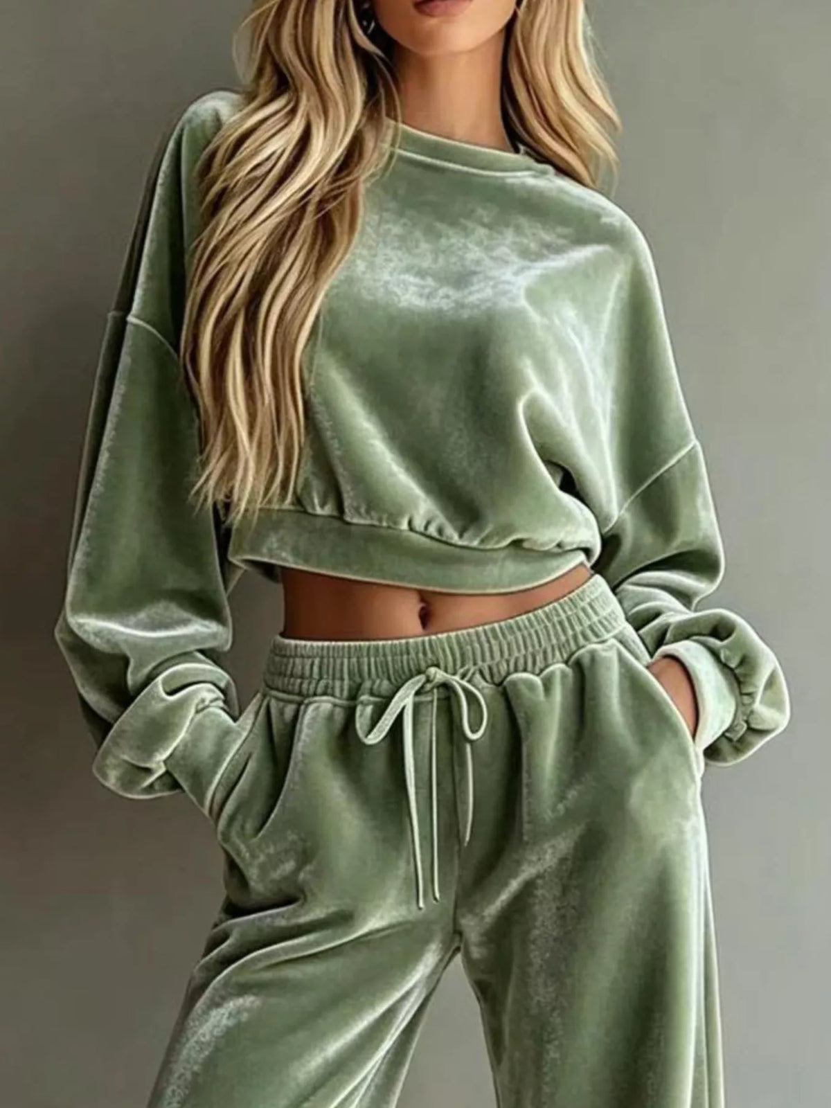 Sage Cropped Sweatshirt & Wide-Leg Pants Set top and waistband detail