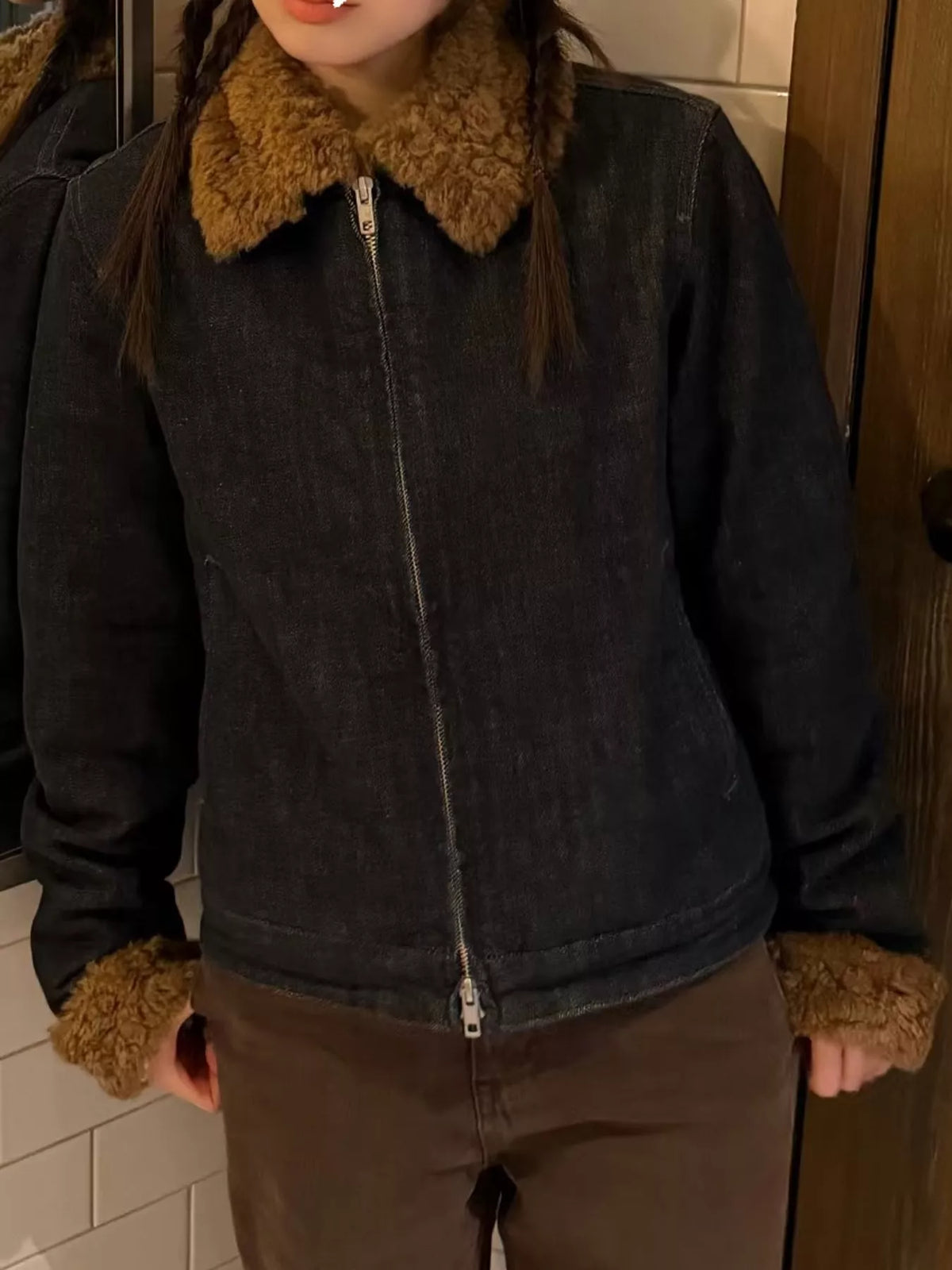 Sherpa Collar Zip-Up Denim Jacket — front view