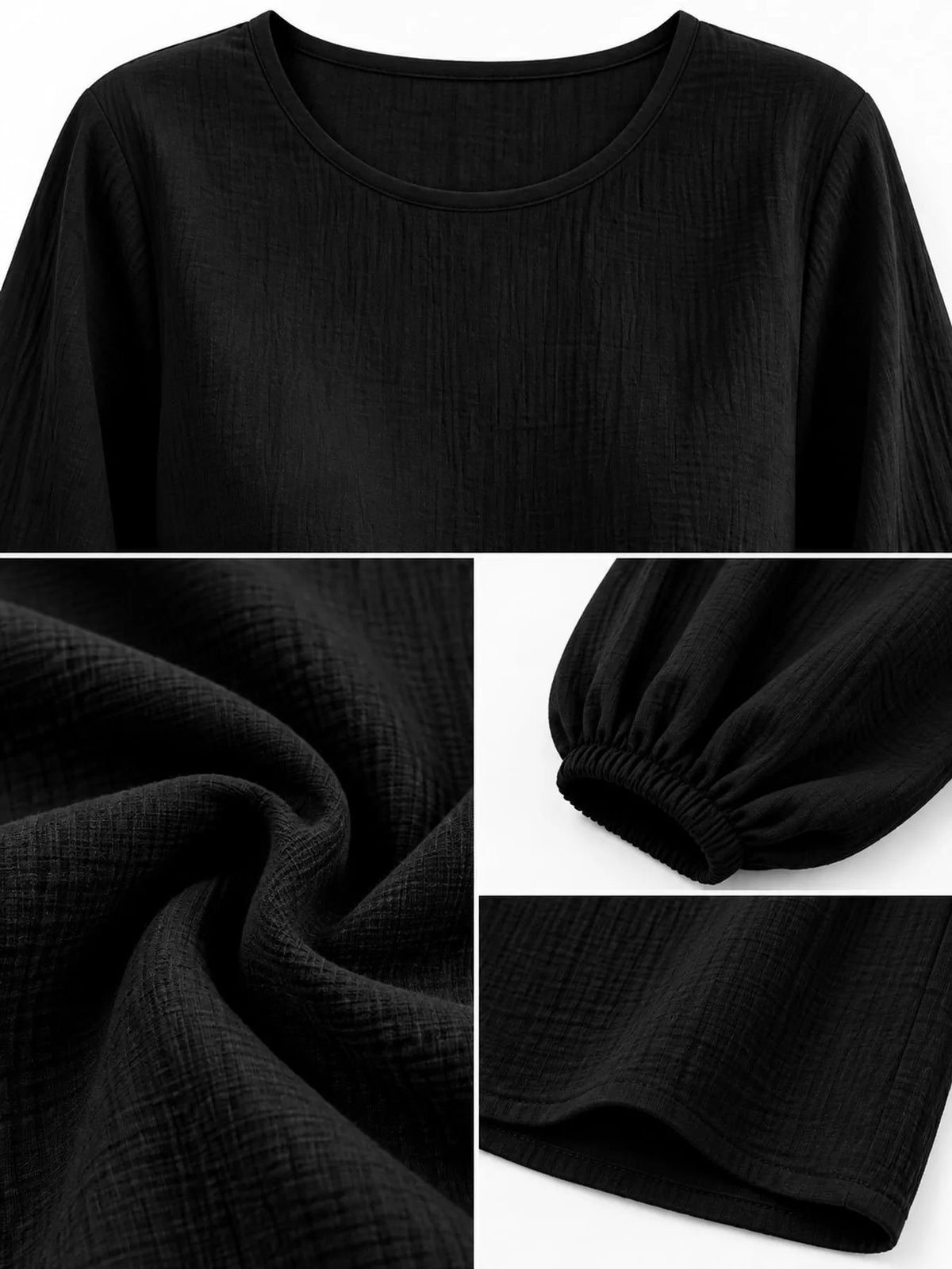 Elastic-cuff blouse, black detail collage