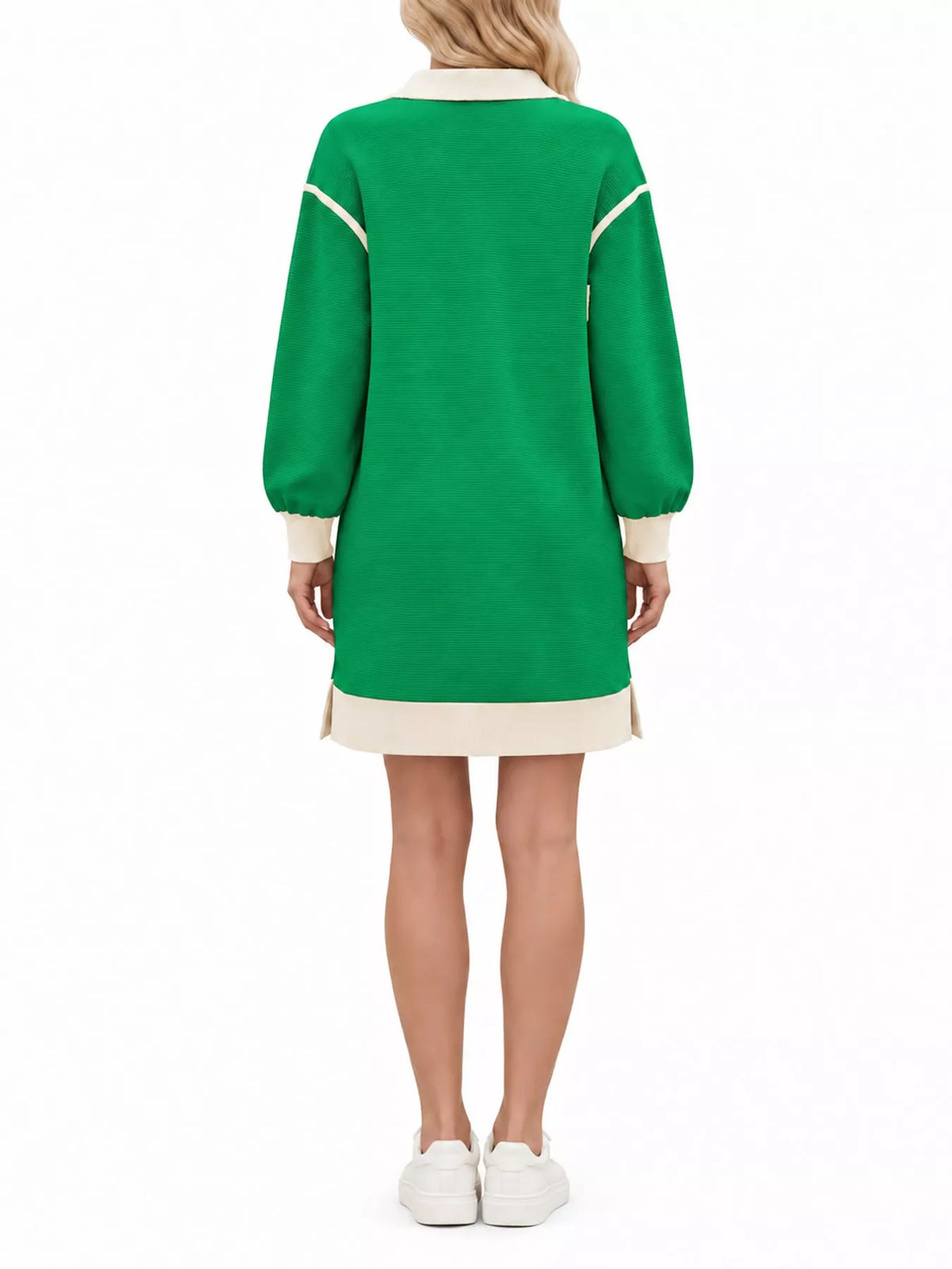 Green color block quarter-zip sweatshirt dress — back view