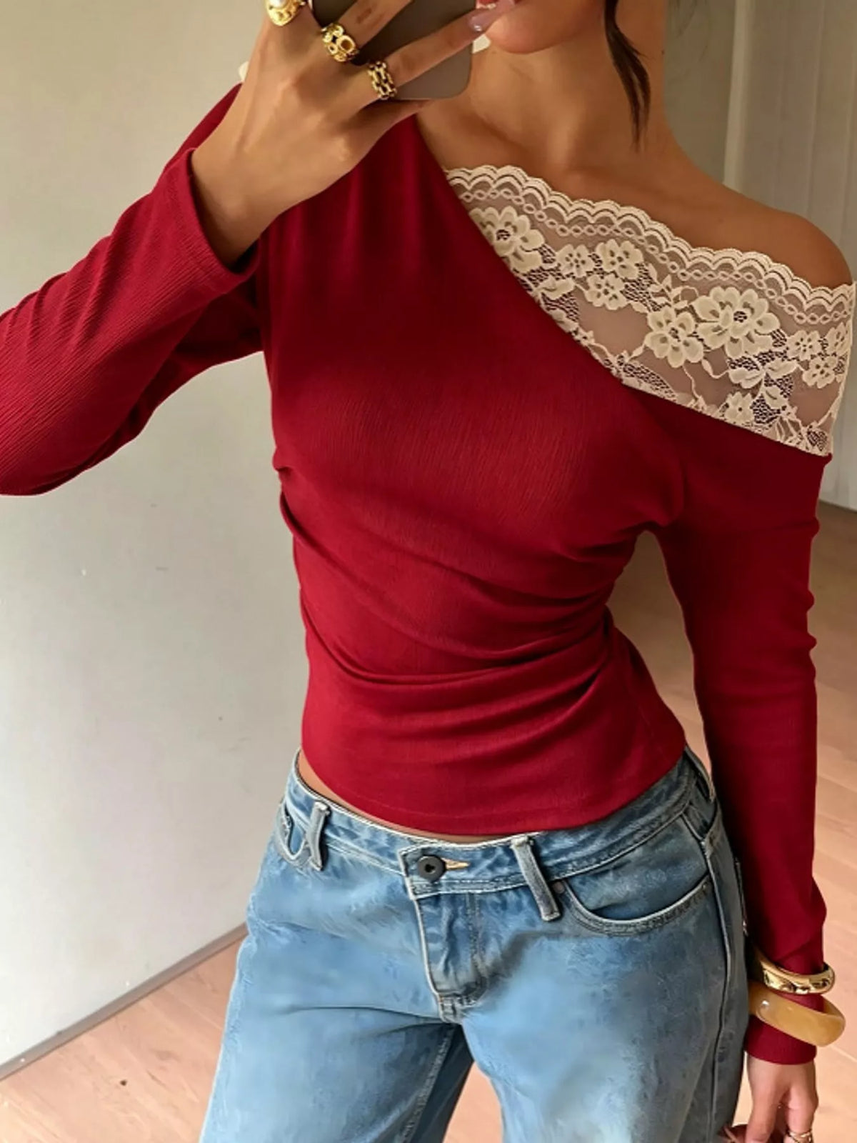 Lace Detail Slim Fit T-Shirt, detail view in red
