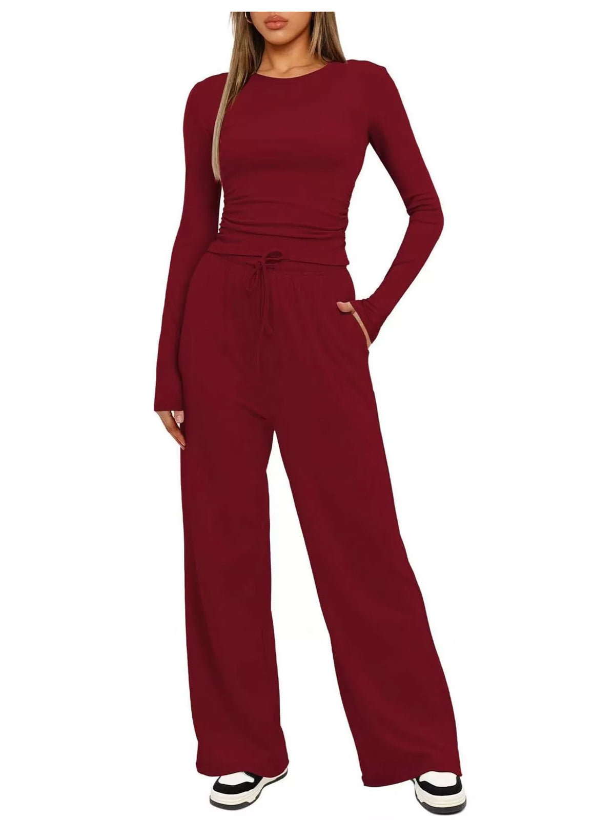 Long Sleeve Top and Wide-Leg Drawstring Pants Set — front view