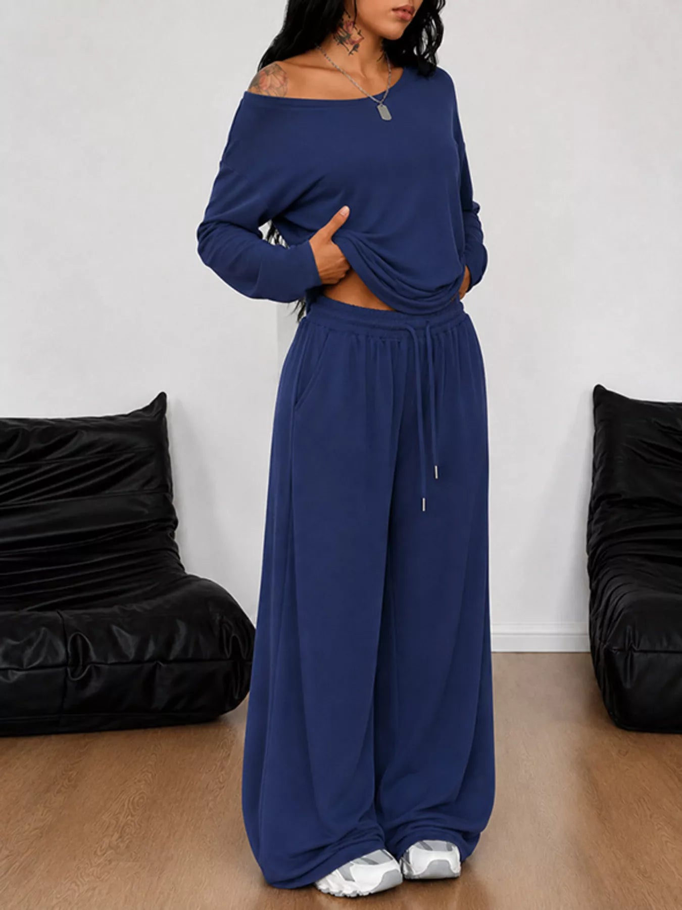 Trendsi Full Size One-Shoulder Top and Drawstring Pants Set Plus Size -