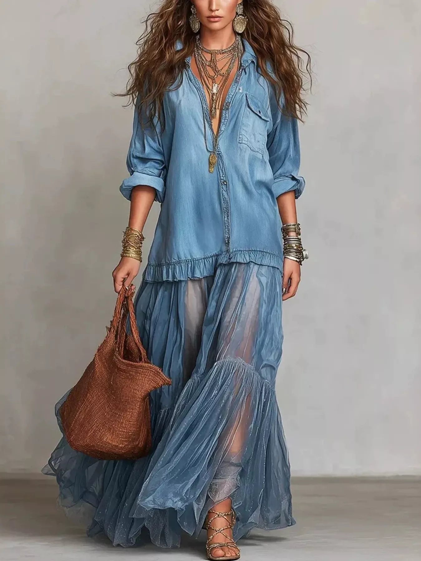 Trendsi Full Size Tiered Long Sleeve Denim Shirt Maxi Dress Plus Size -