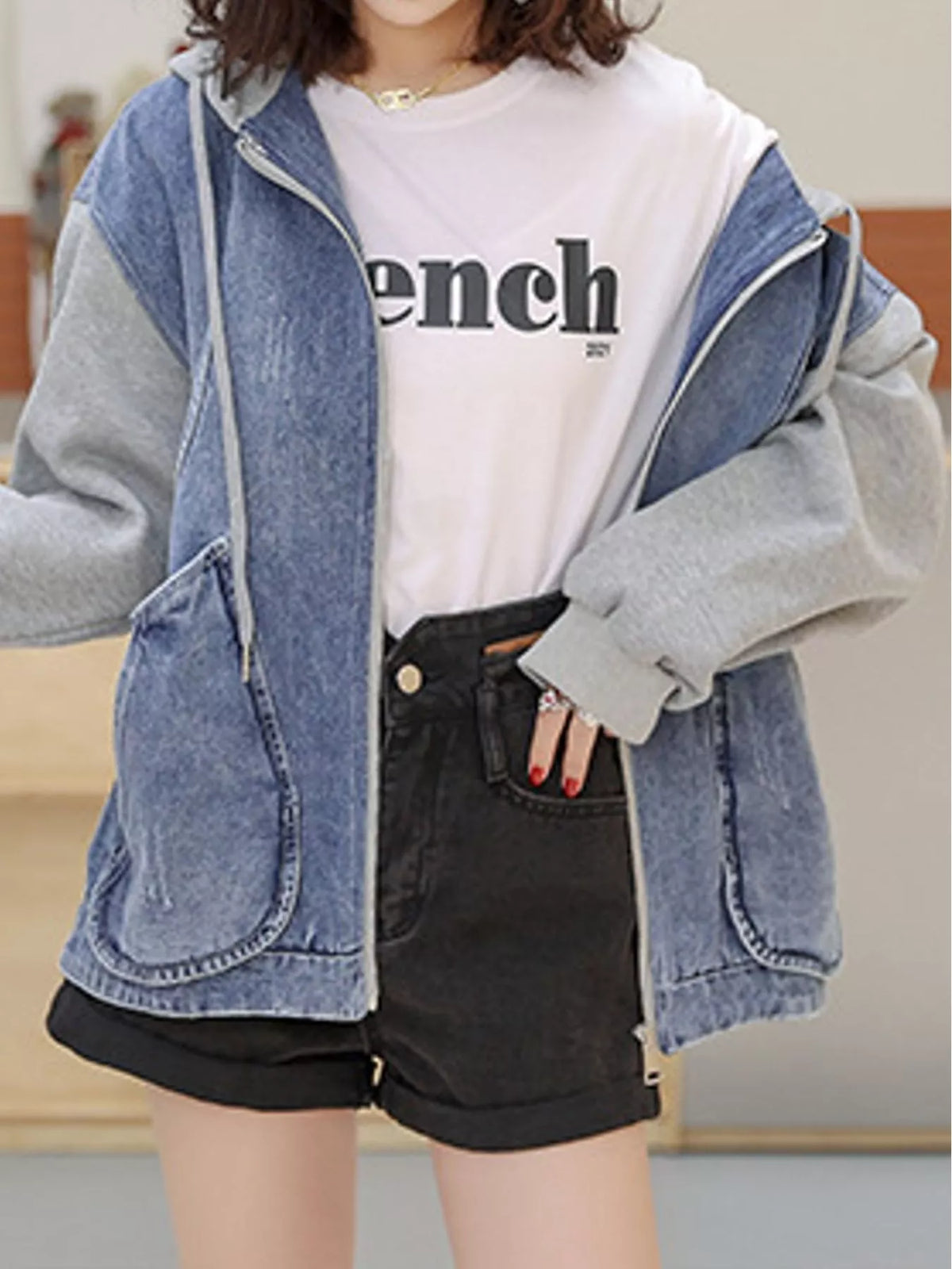 Zip-Up Hooded Denim Jacket — front view