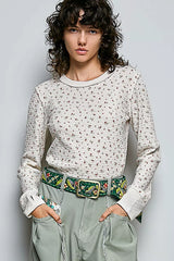 Trendsi POL Ribbed Knit Floral Crew Neck Long Sleeve Top - Shirts