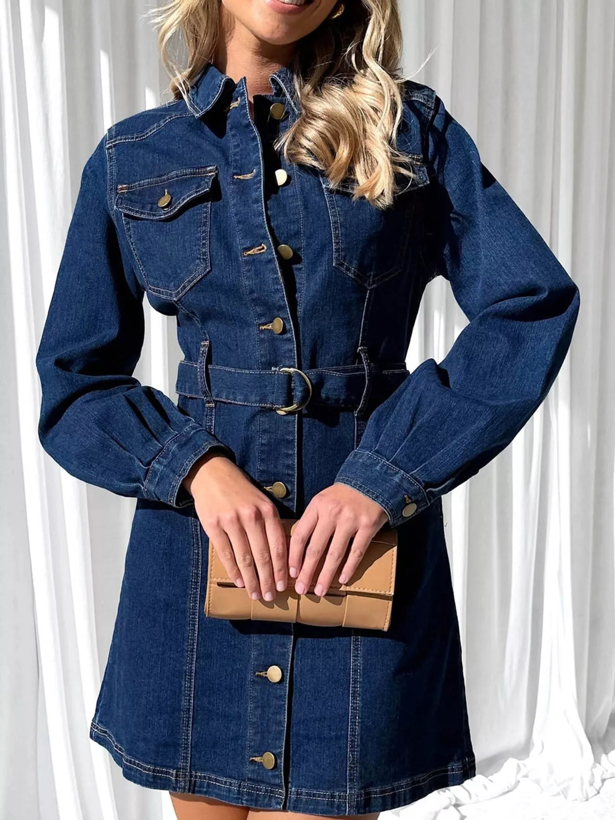 Button-Down Denim Dress with Belted Waist and Long Sleeves, front view