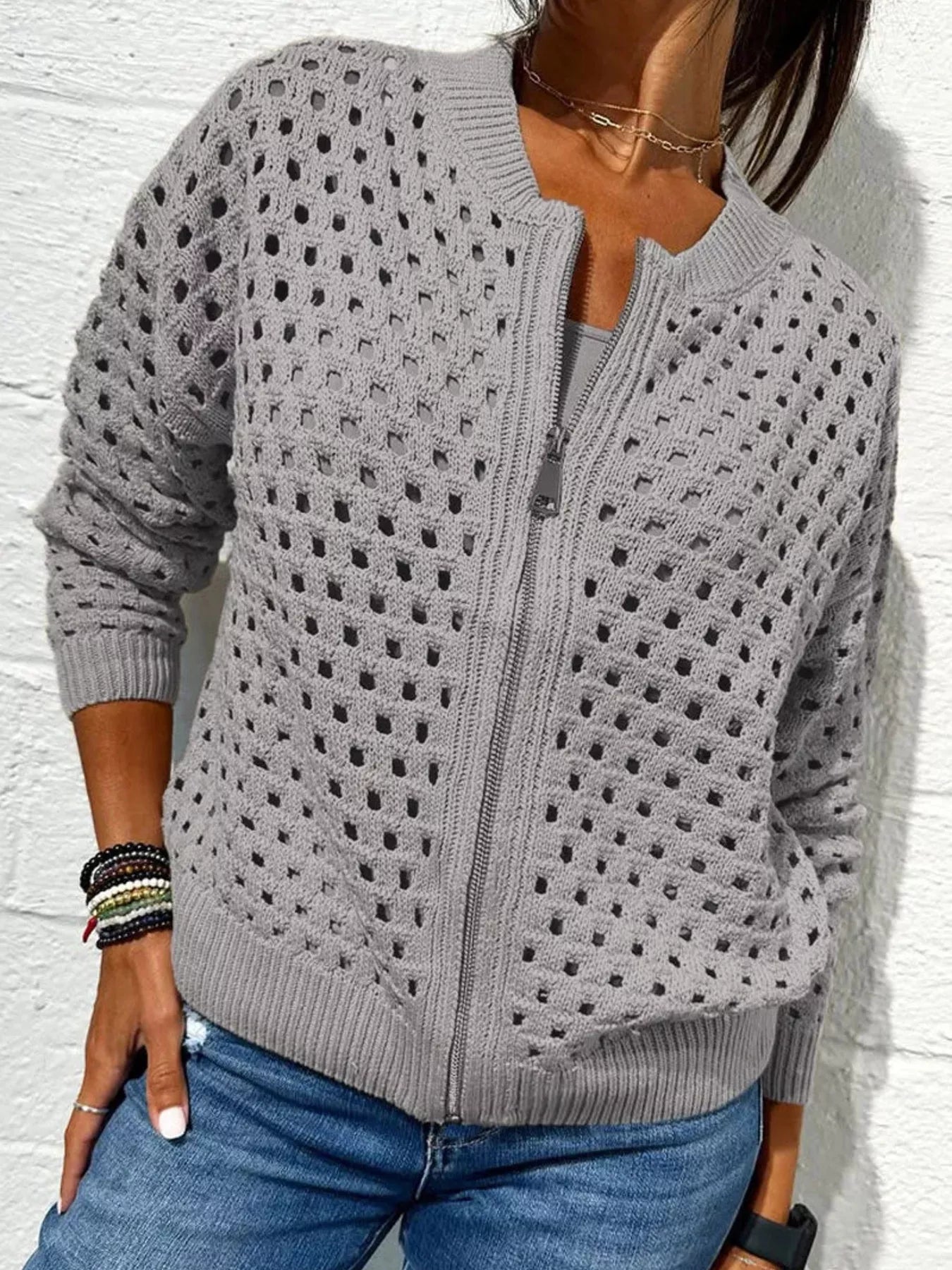 Trendsi Full Size Crochet Knit Zip-Up Cardigan Plus Size -