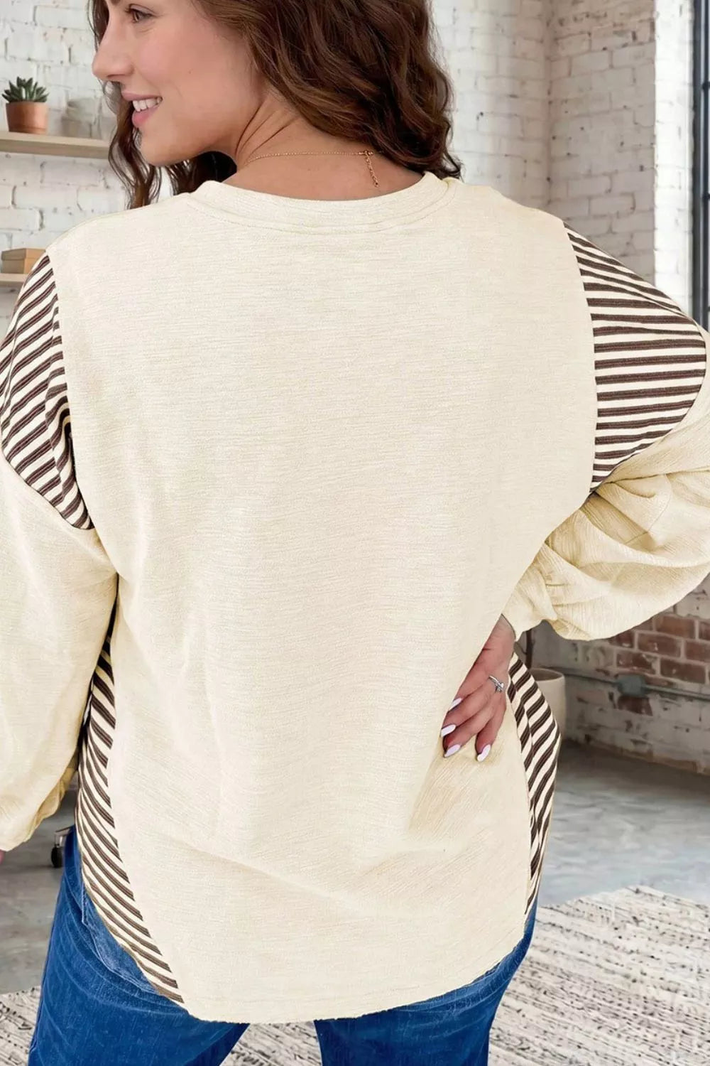 Trendsi Western Graphic Striped Detail Long Sleeve Casual Top -