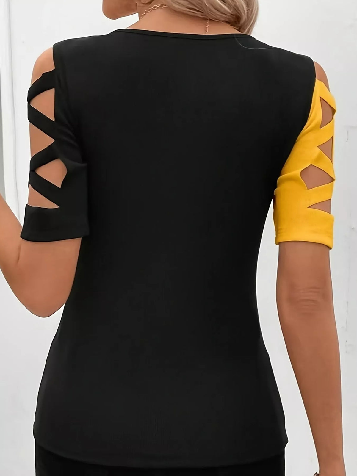 Colorblock cutout top, black and yellow back