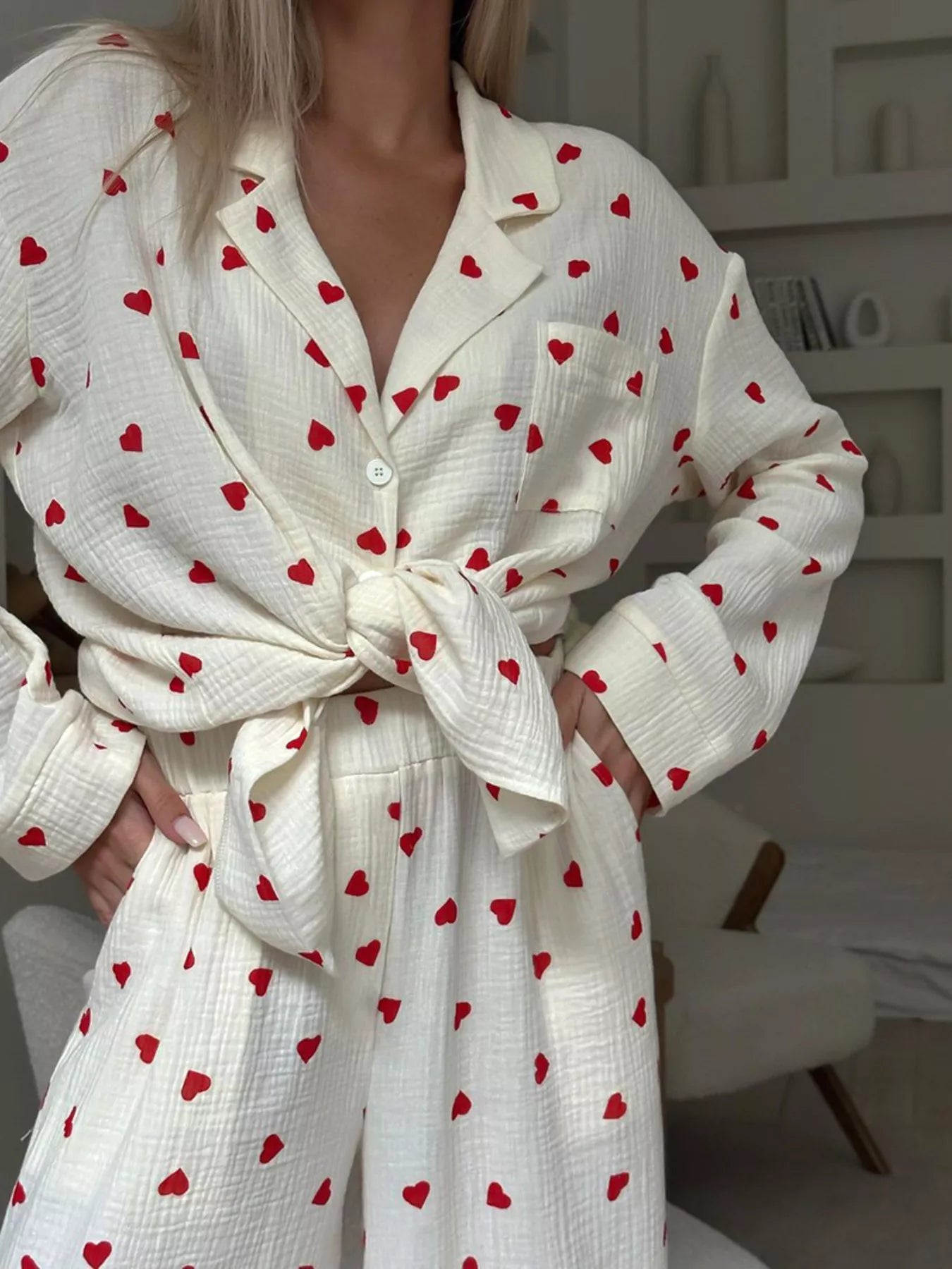 Trendsi Heart Print Button Up Top and Pants Lounge Set -