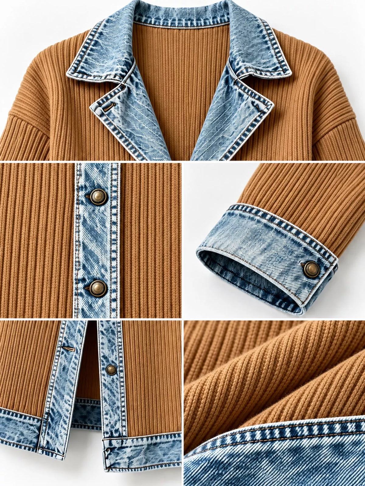 Dark Brown Real Denim denim-trimmed ribbed knit longline cardigan, detail view