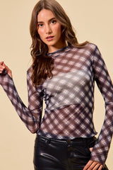 Trendsi SO ME Plaid Mesh Knit Long Sleeve Top with Thumb Opening -