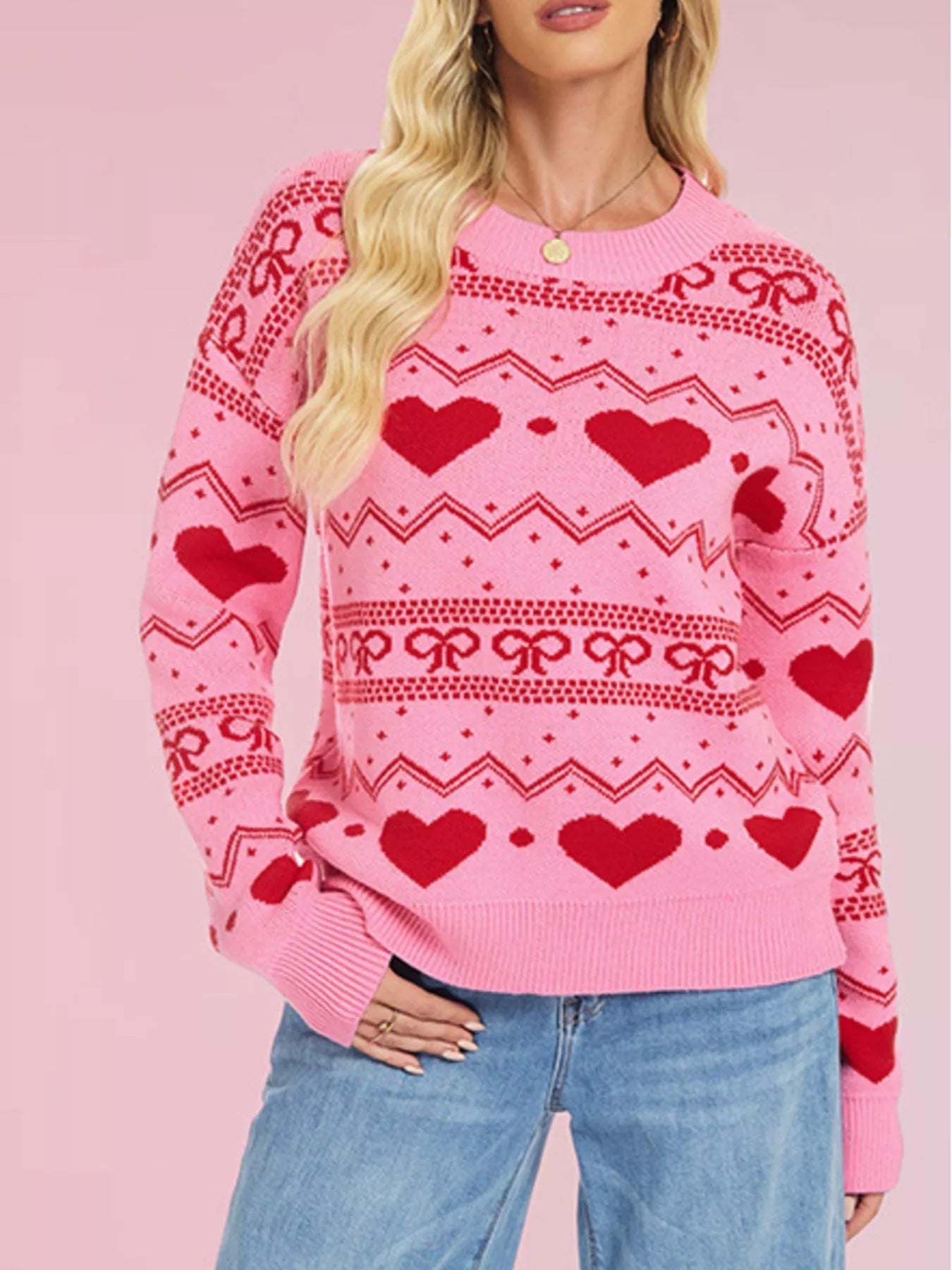 Trendsi Heart Pattern Dropped Shoulder Sweater -