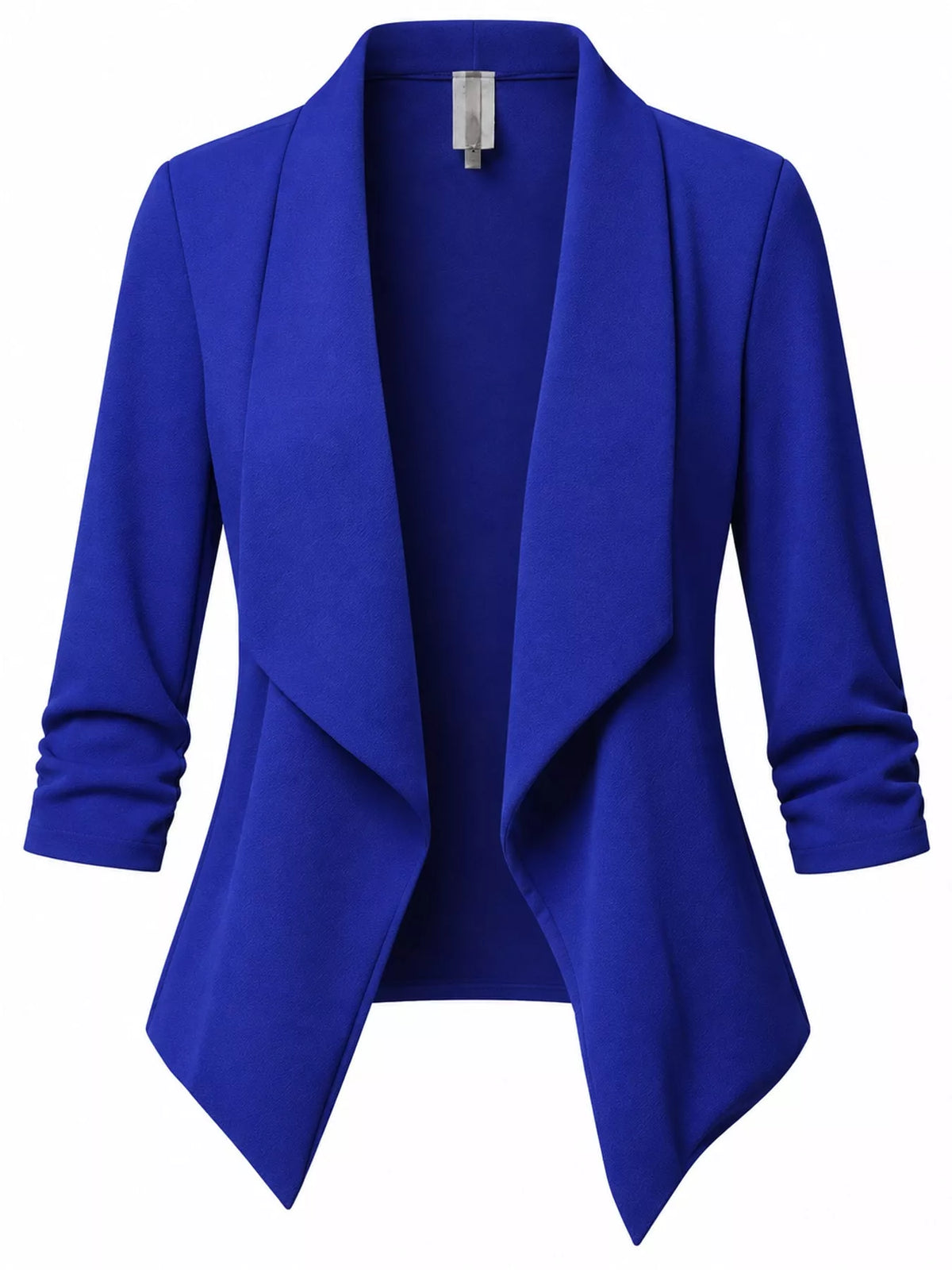 Blue open-front blazer with ruched 3/4 sleeves