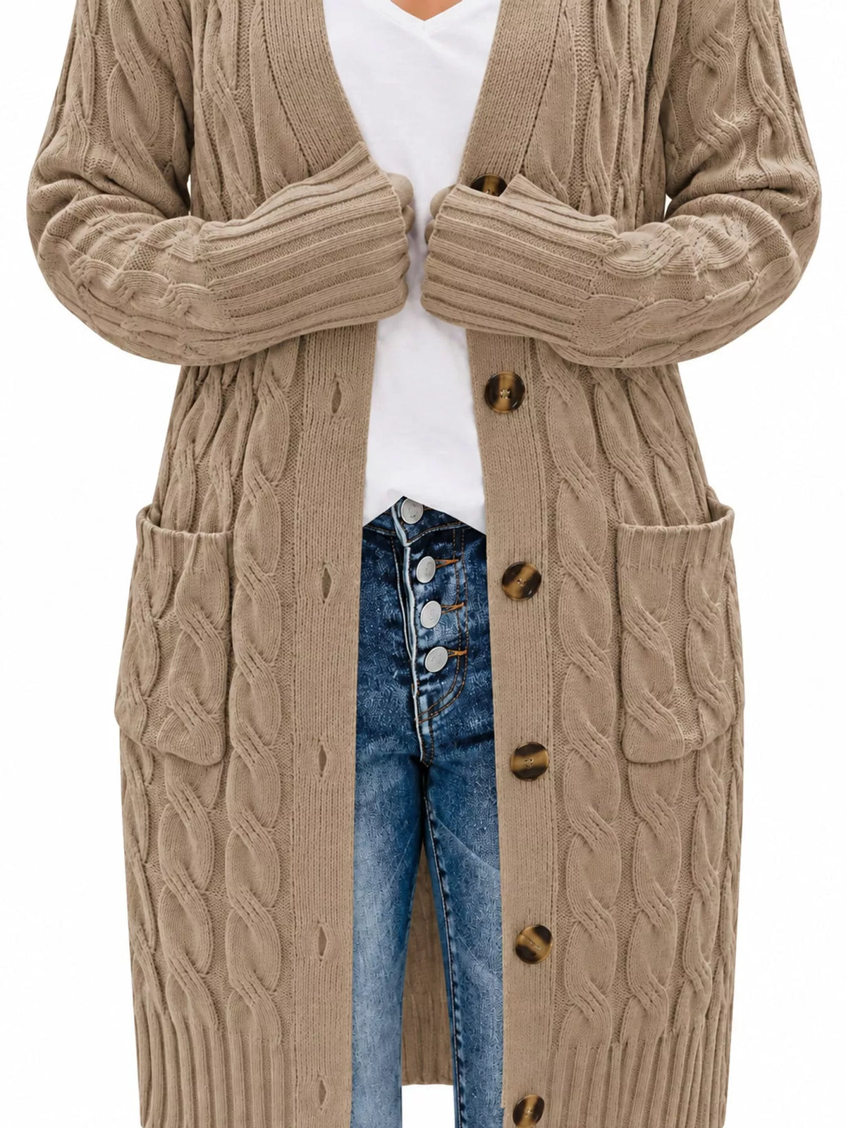 Cable Knit Button-Down Cardigan with Pockets — garment construction details