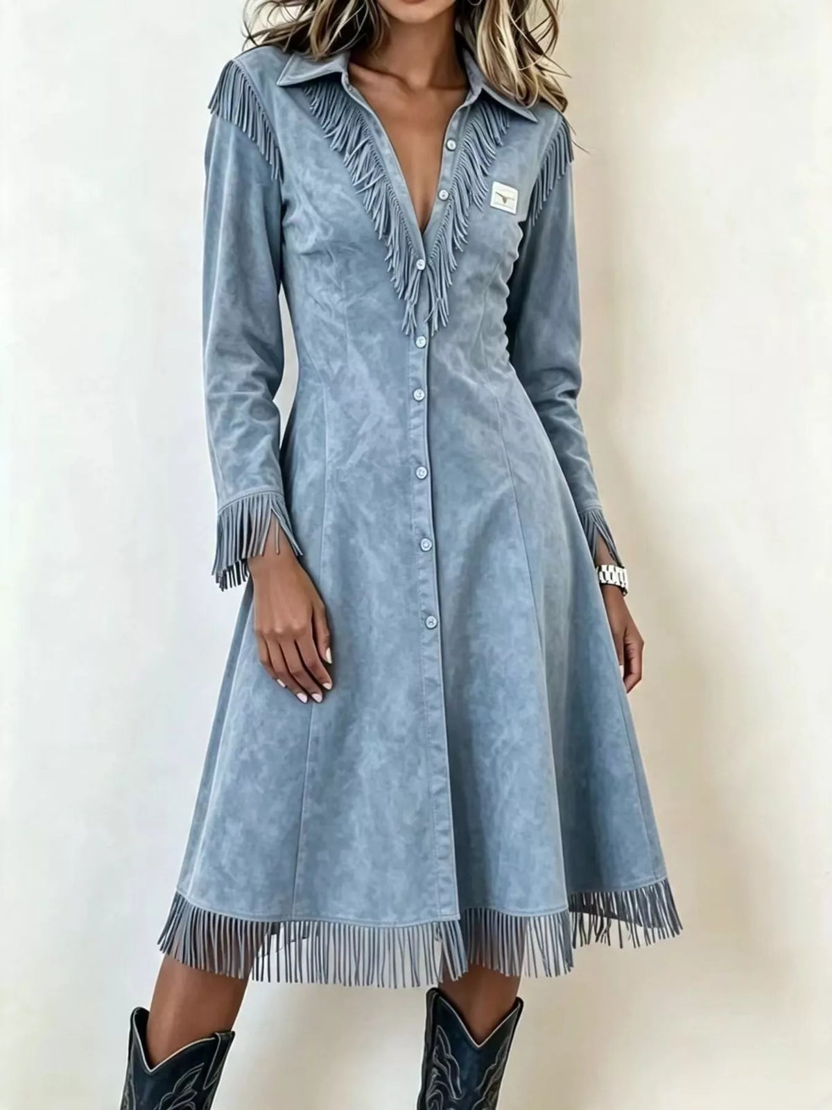 Long Fringe Button-Front Jacket in blue, front view
