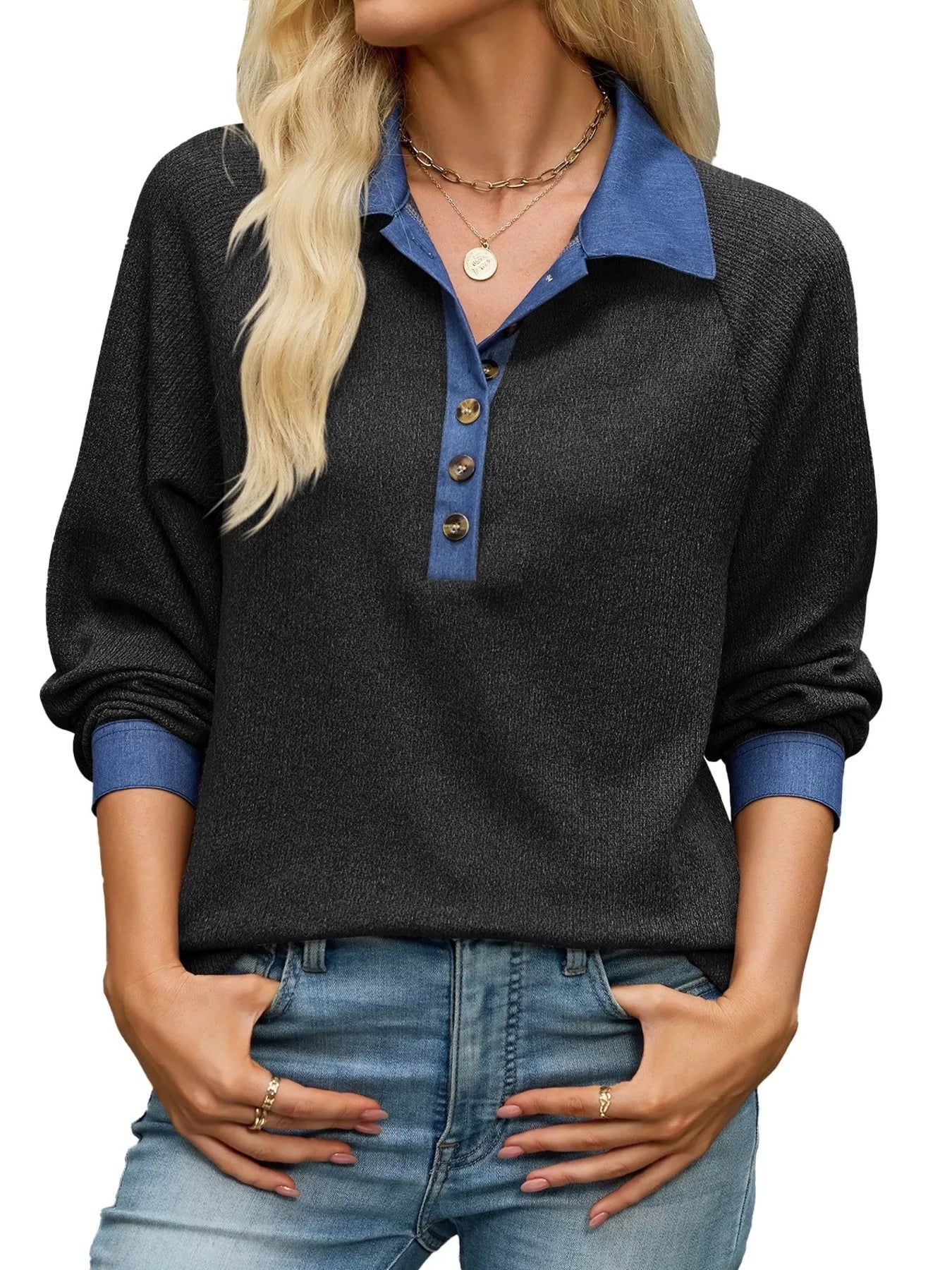 Trendsi Button Detail Raglan Sleeve Top -