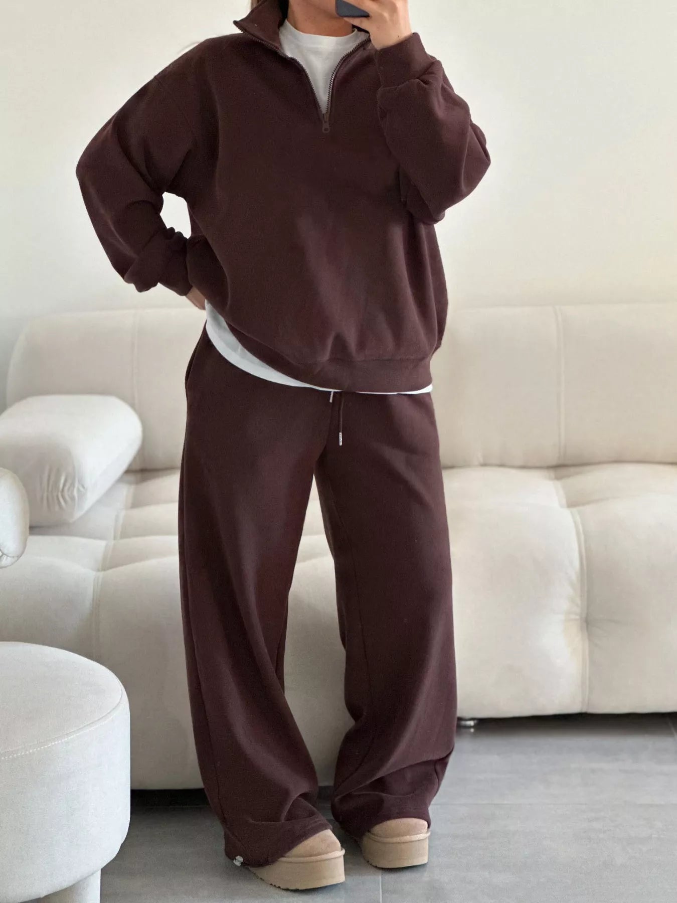 Trendsi Quarter-Zip Top and Wide-Leg Sweatpants Set -