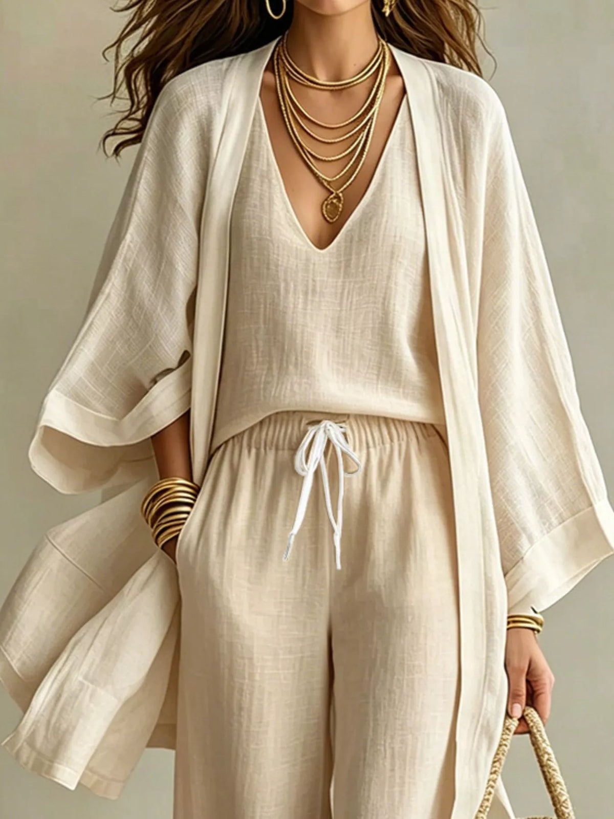 V-Neck Top, Cardigan and Pants Three-Piece Set in beige, front view