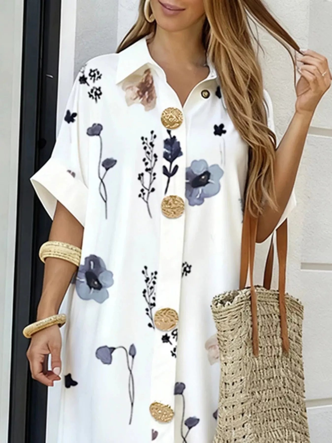 Trendsi Floral Print Button-Down Maxi Shirt Dress -
