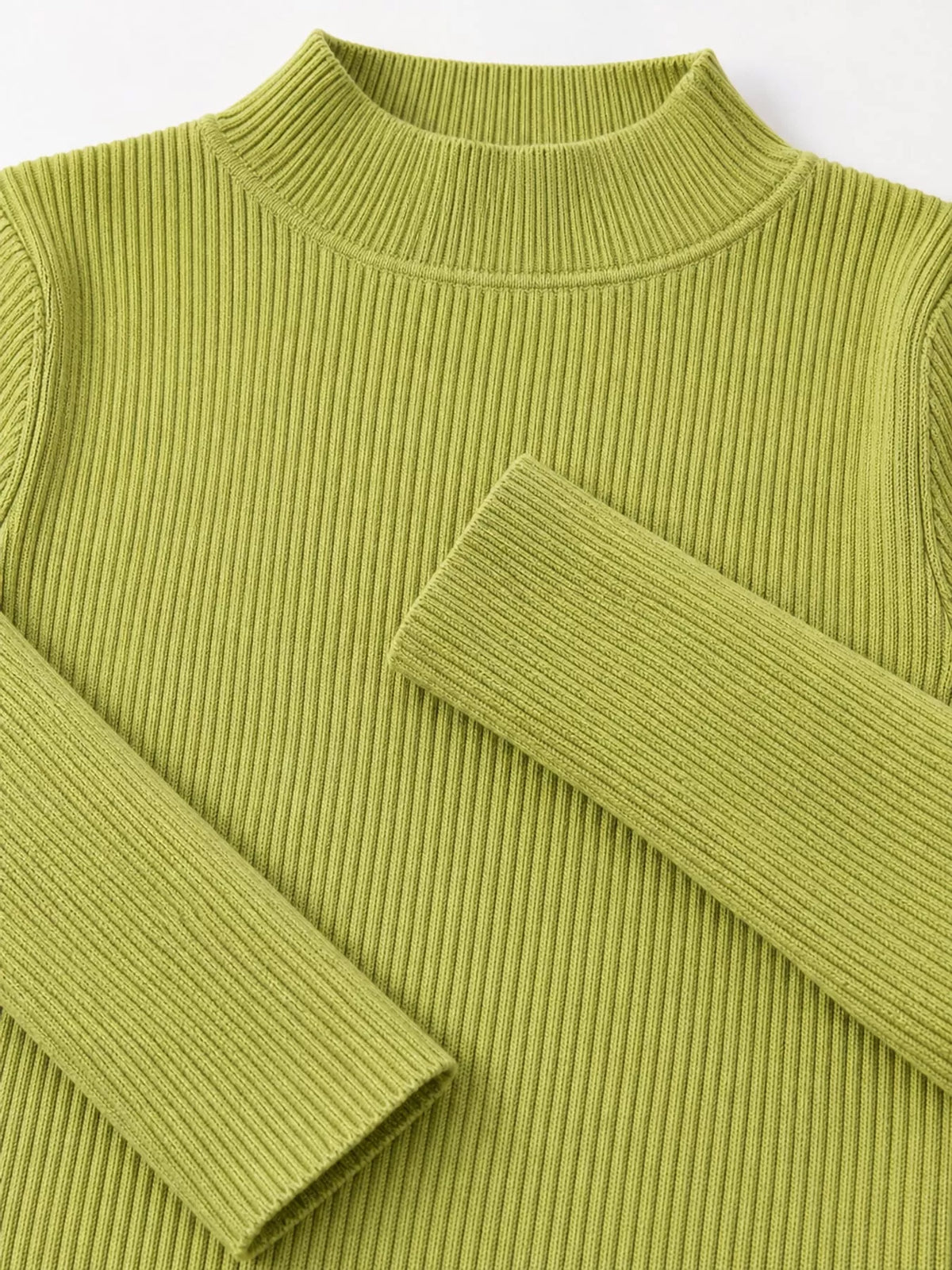 Lime ribbed mock neck long sleeve knit top, ribbed knit and neckline detail
