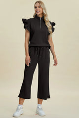Trendsi Double Take Full Size Texture Ruffle Short Sleeve Top and Wide Leg Pants Set -