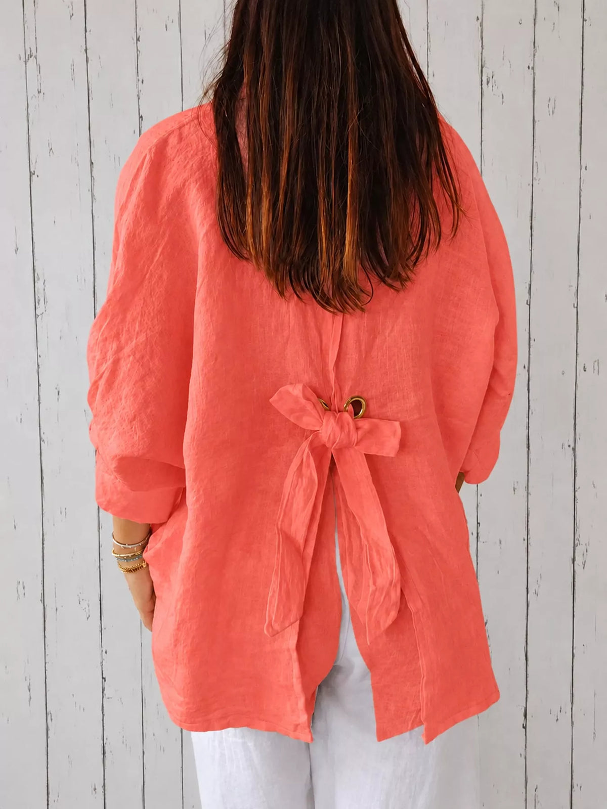 Coral loose fit tie back shirt, back view