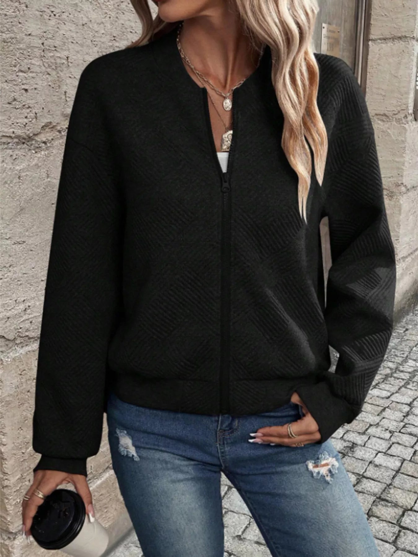 Trendsi Textured Knit Zip-Up Bomber Jacket -