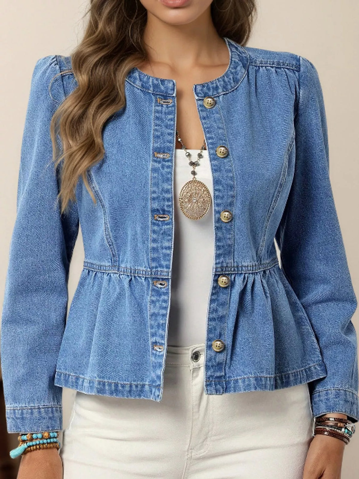 Women's Button Up Peplum Denim Shirt in blue — front view