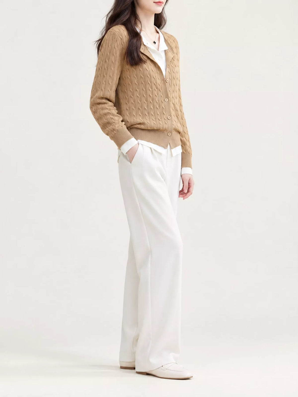 Camel cable-knit button-down cardigan, side view