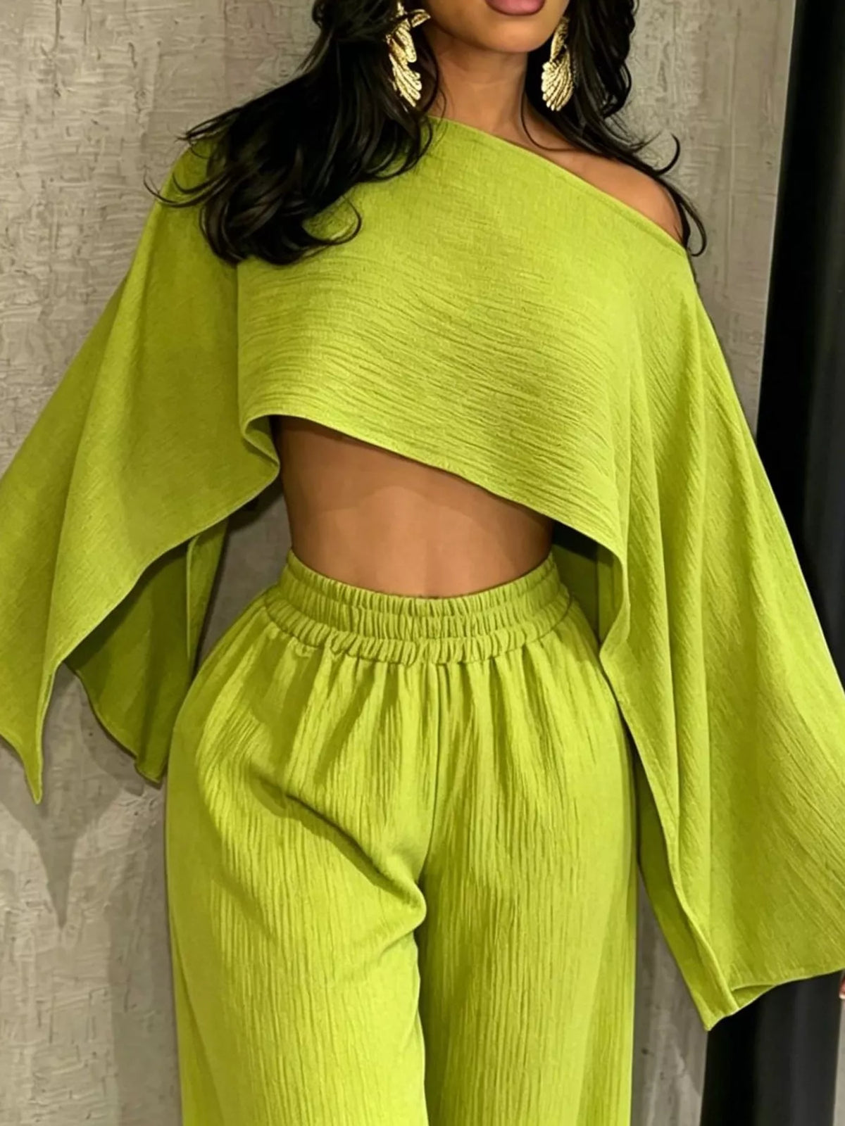 Women's Boat Neck Crop Top and Wide-Leg Pants Set in lime — bodice detail view