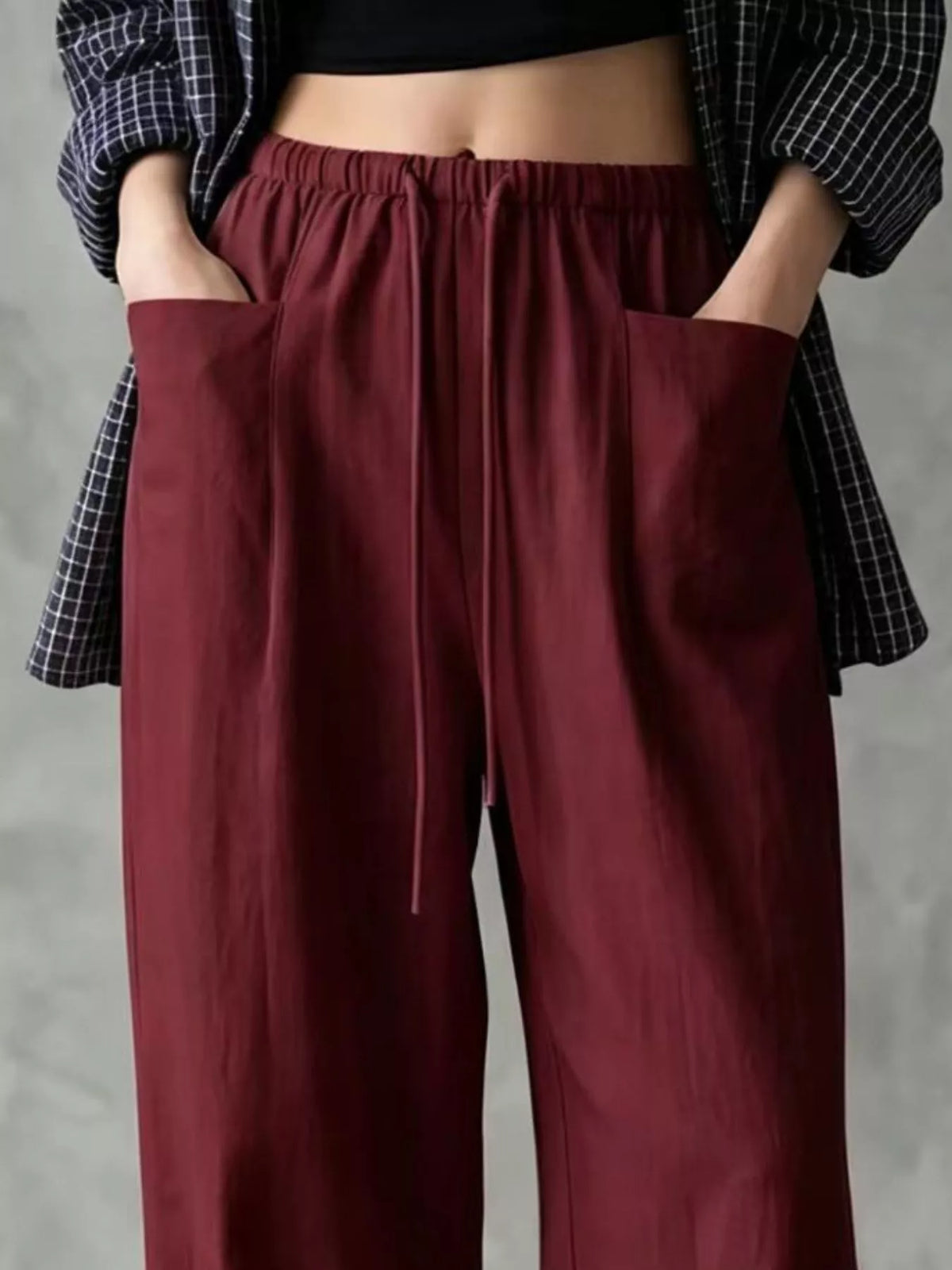 Women's Drawstring Wide-Leg Casual Pants in burgundy — waist detail view