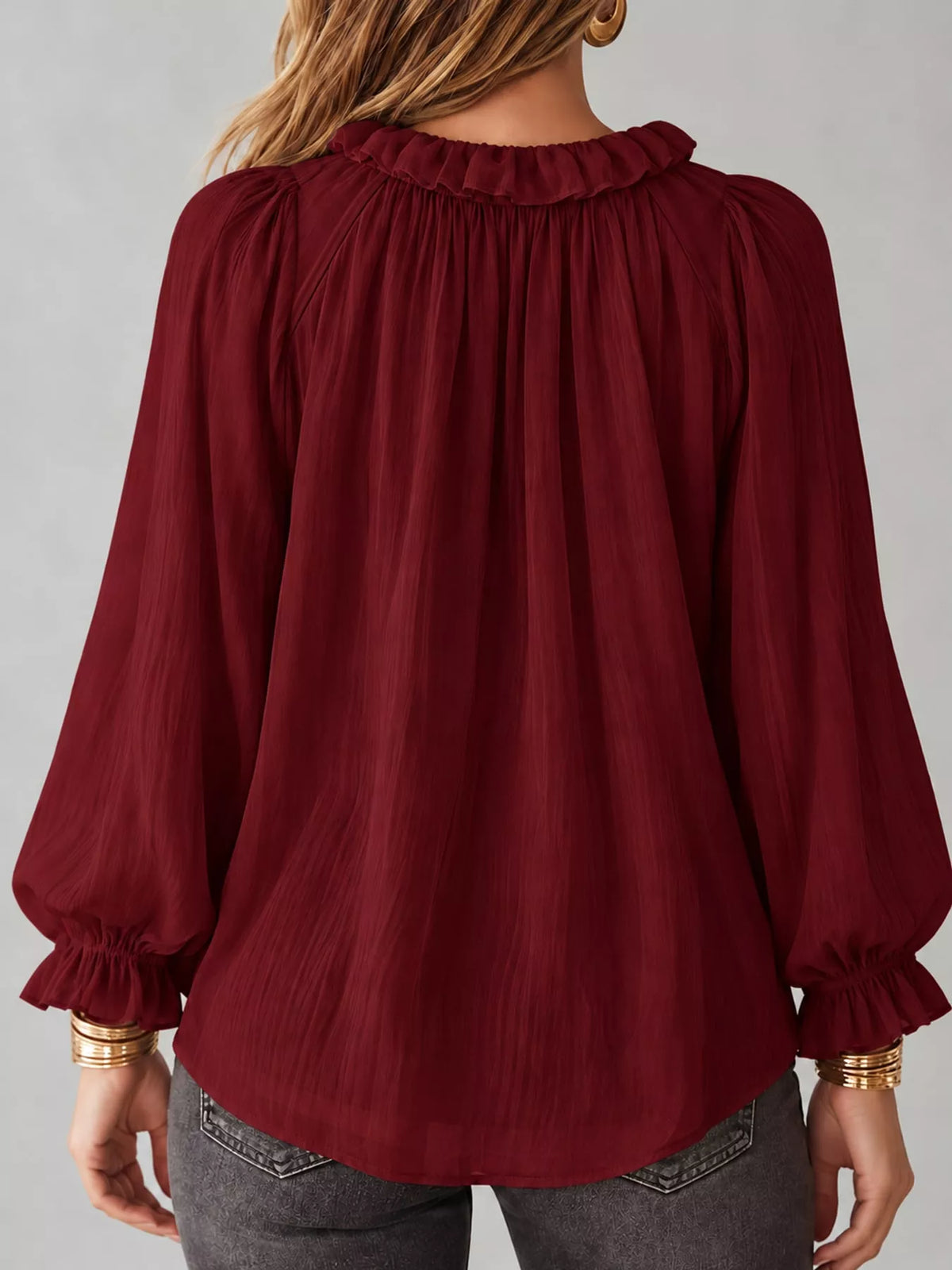 V-neck long sleeve blouse, back view
