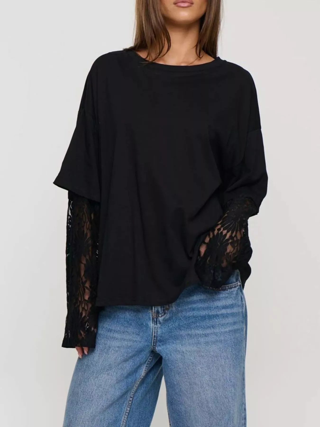 Trendsi Layered Lace-Sleeve T-Shirt -