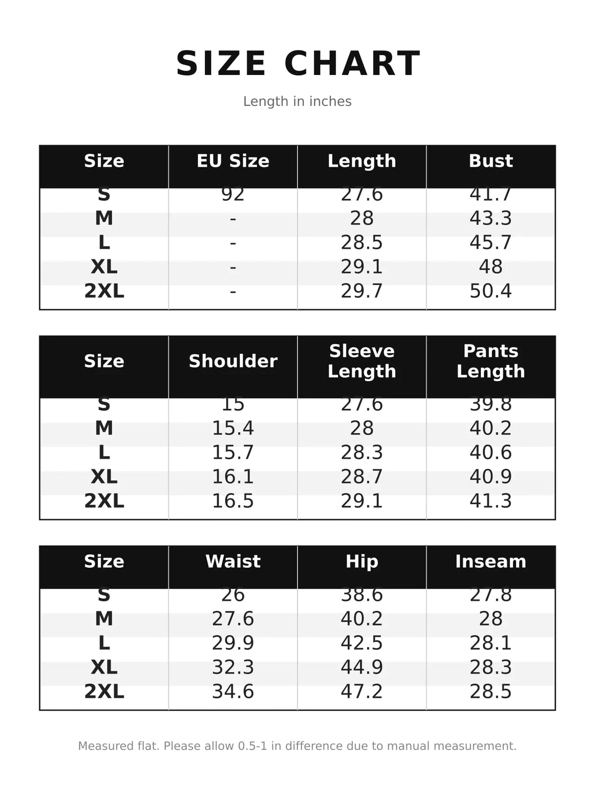 Size chart for textured polo collar top and wide-leg pants set