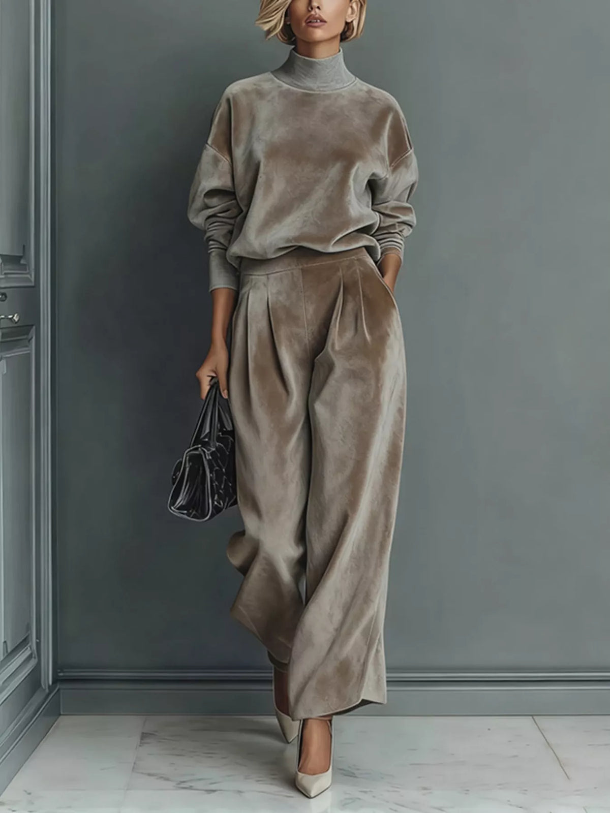 Taupe velvet mock-neck top and wide-leg pants set, full front view.