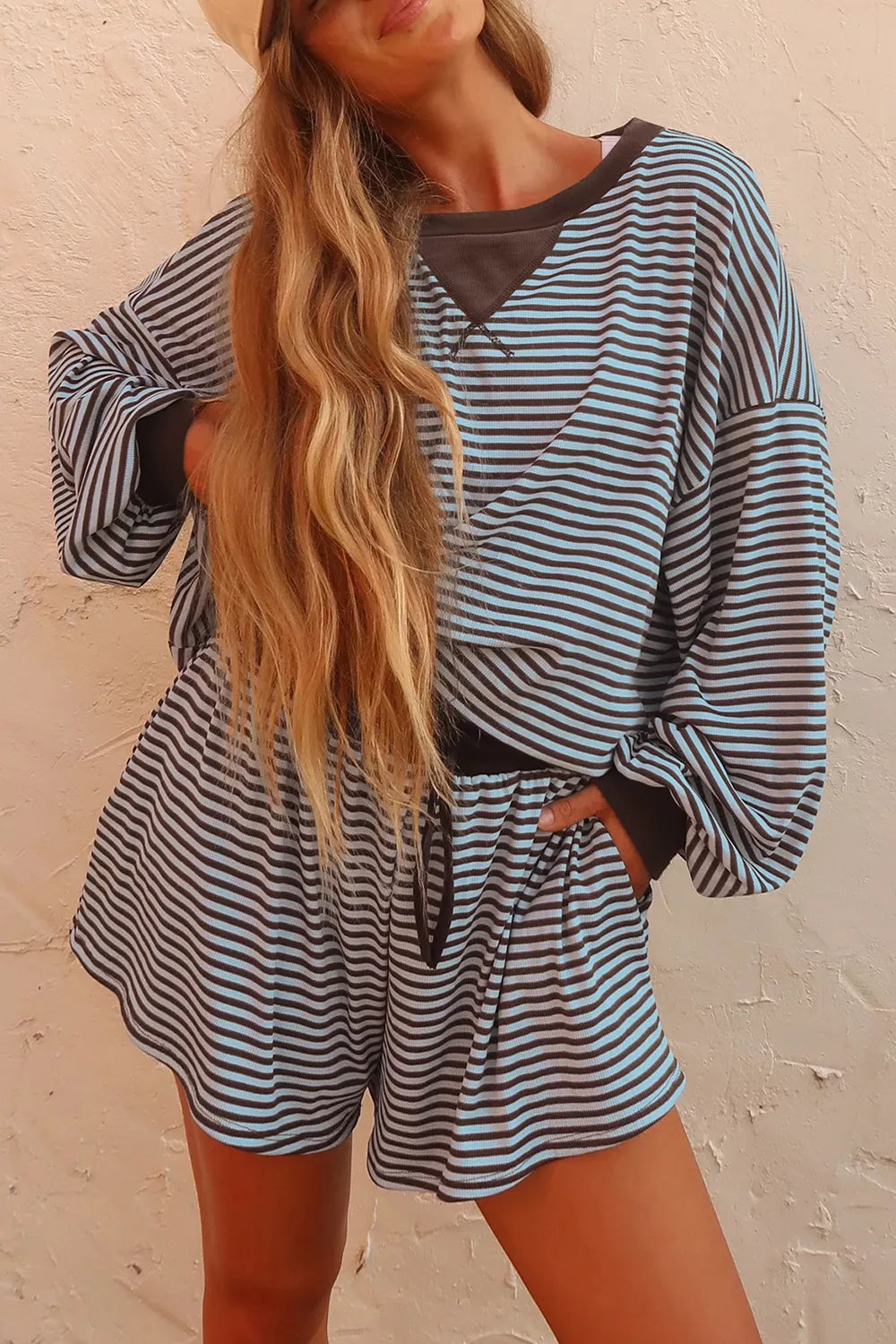 Trendsi Stripe Oversized Long Sleeve Top Drawstring Loose Shorts 2pcs Set -