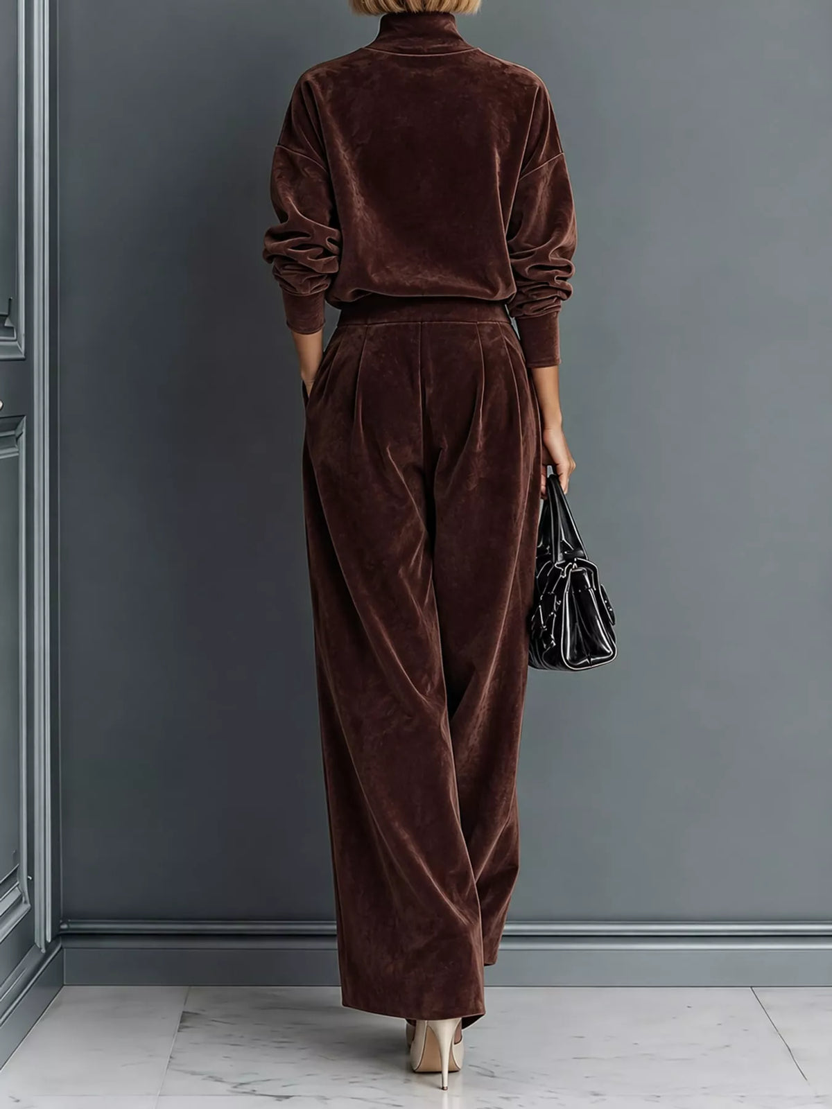 Brown velvet mock neck top and wide-leg pants set, back view