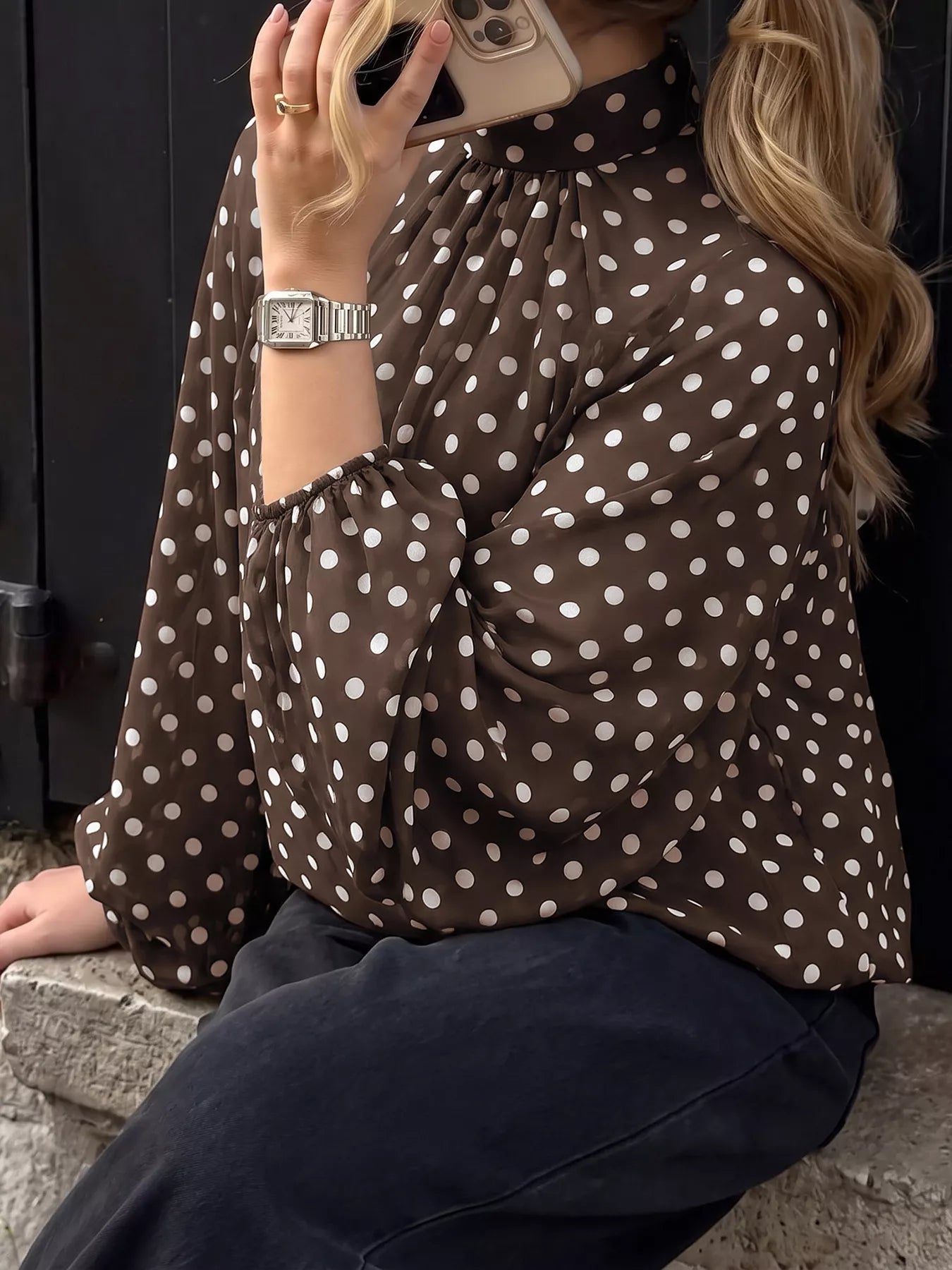 Trendsi Polka Dot Mock Neck Long Sleeve Blouse -