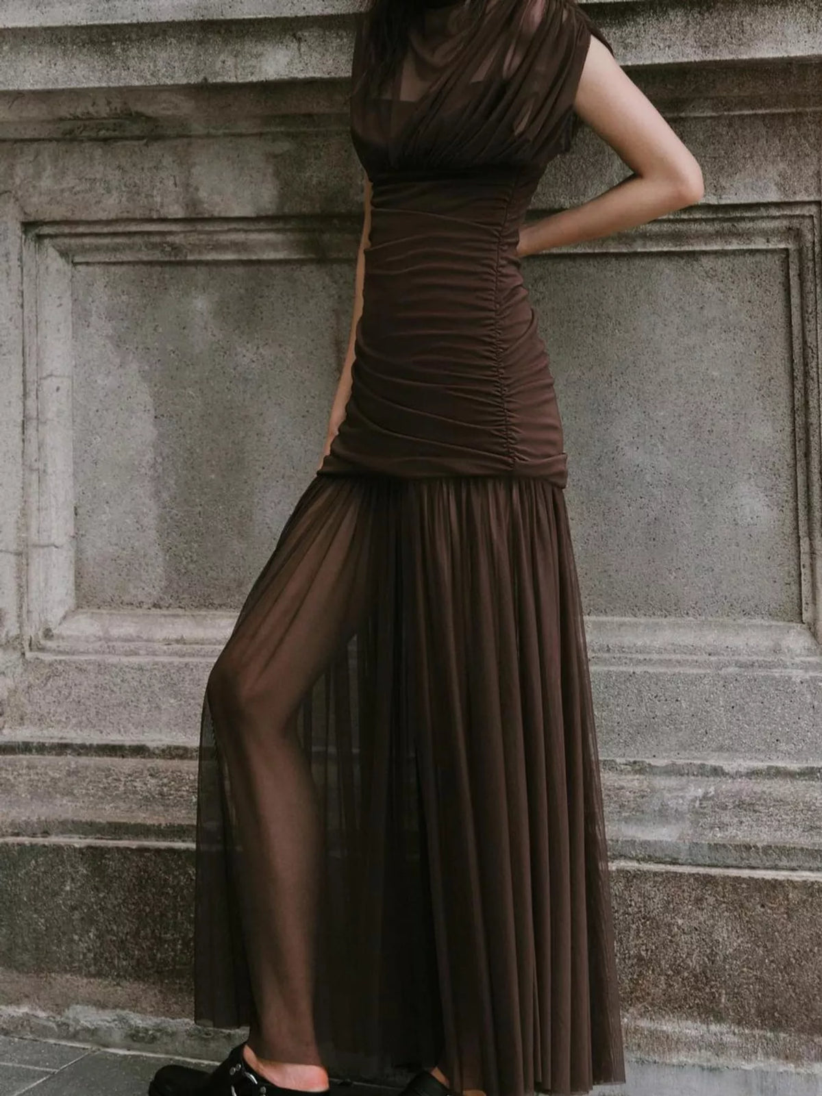 Brown mock neck ruched maxi dress, front view