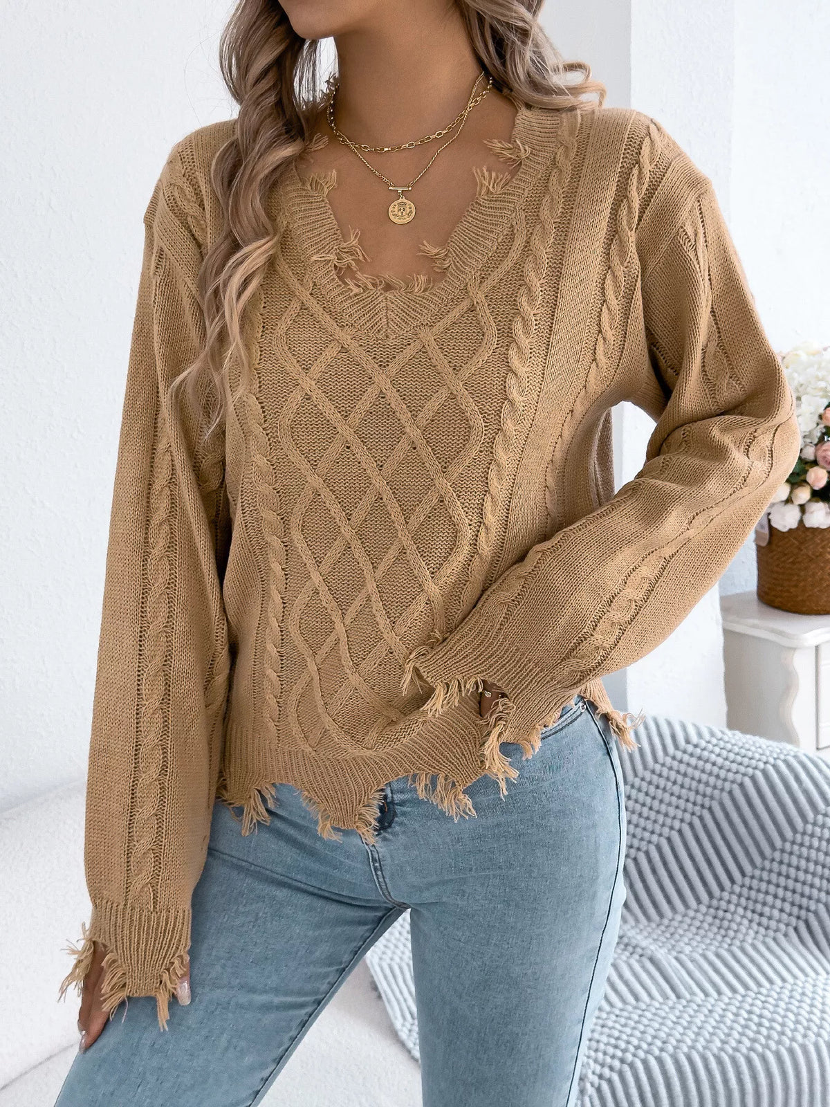 V-Neck Distressed Hem Cable Knit Sweater in camel, front view